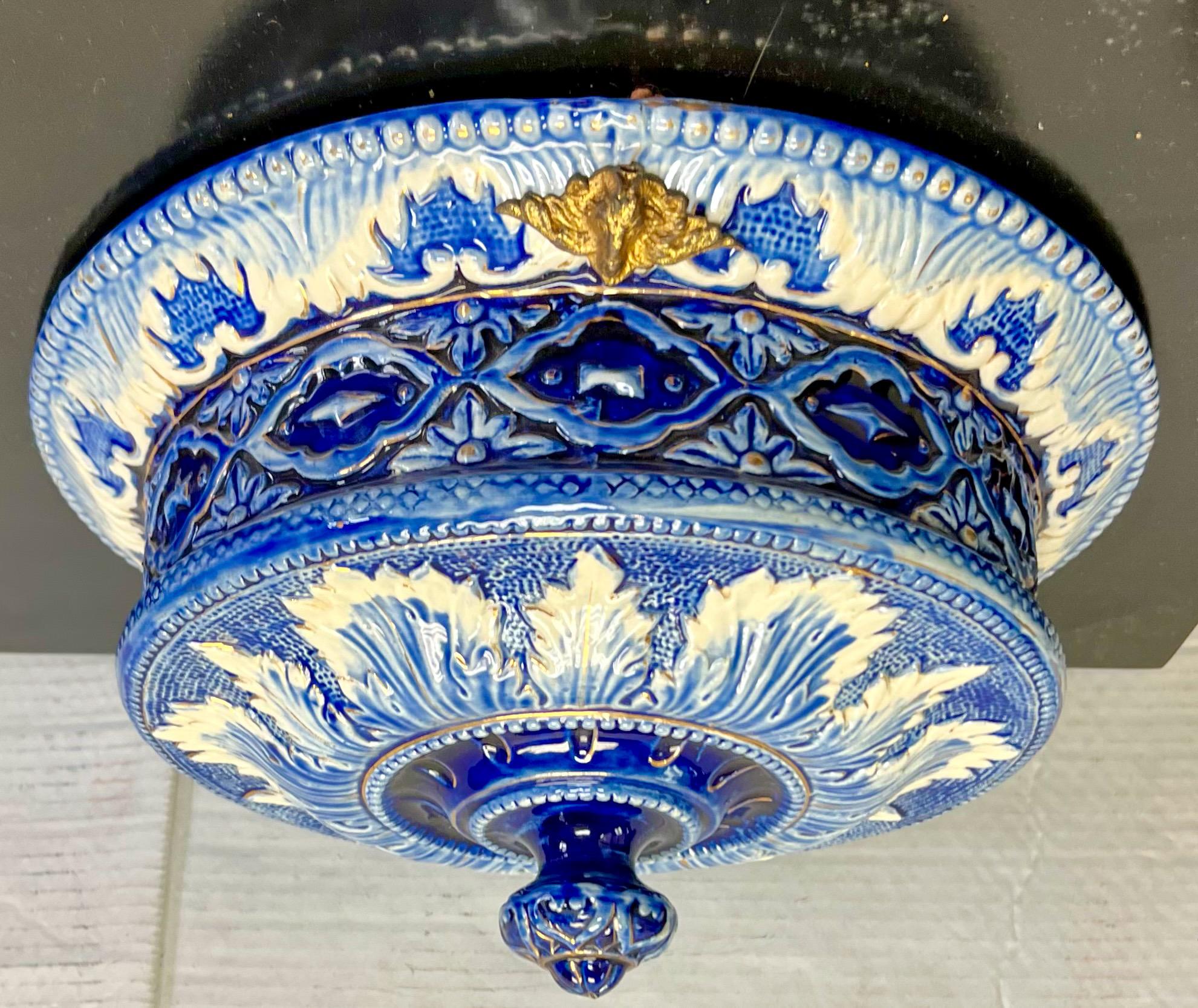 Victorian Blue & White Faience Majolica Glazed Pottery Light / Chandelier  For Sale 1