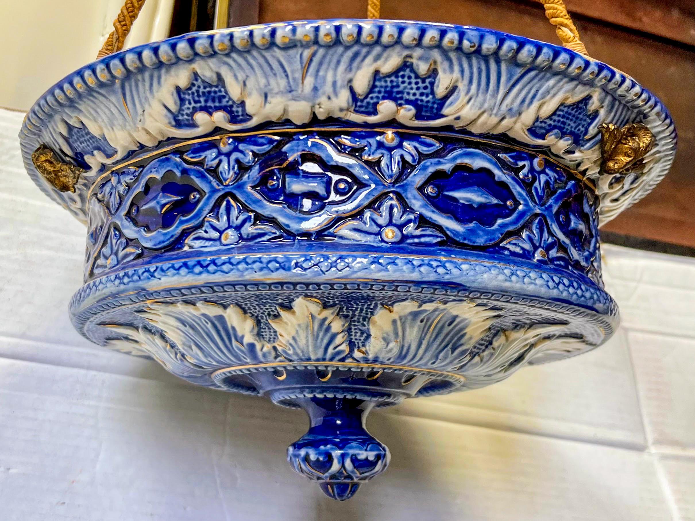 Victorian Blue & White Faience Majolica Glazed Pottery Light / Chandelier  For Sale 2