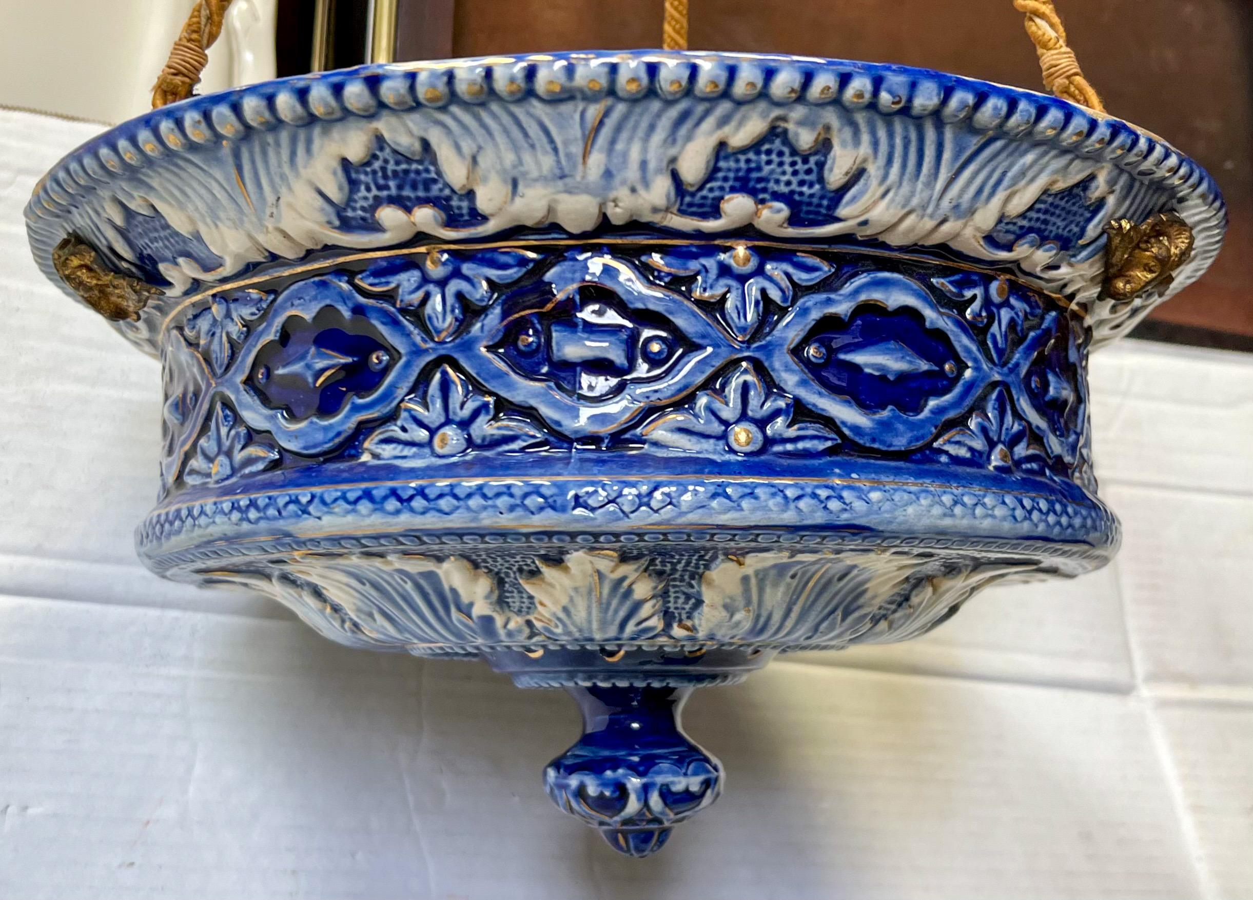Victorian Blue & White Faience Majolica Glazed Pottery Light / Chandelier  For Sale 4