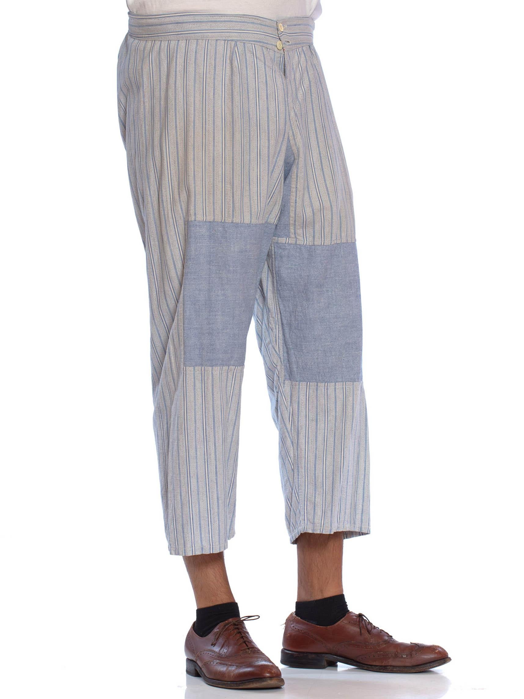 Victorian Blue & White Striped Organic Cotton Men's Patchwork Long Underwear Pants