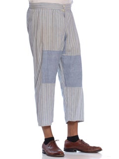 Victorian Blue & White Striped Organic Cotton Men's Patchwork Long Underwear Pa