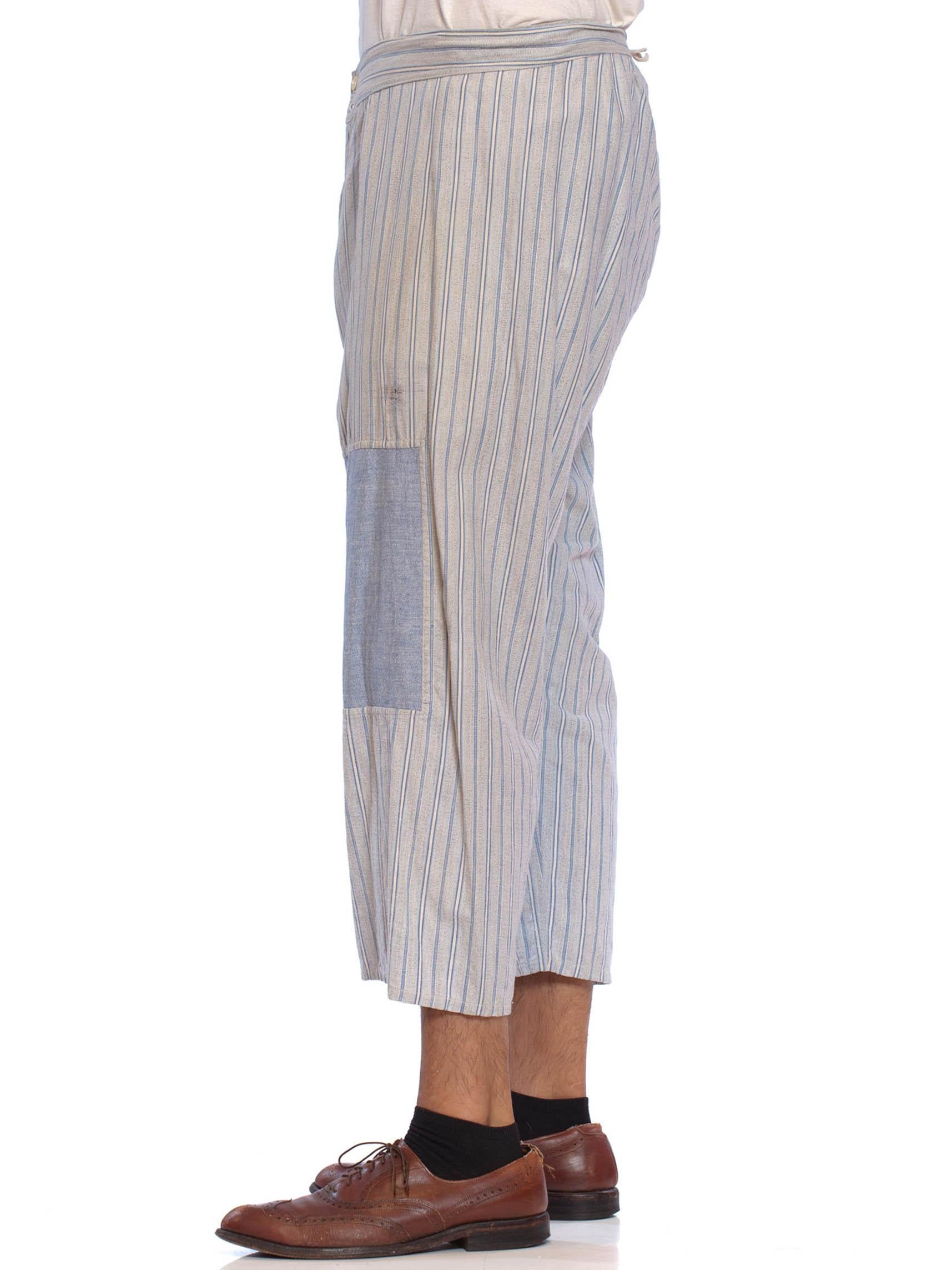 Gray Victorian Blue & White Striped Organic Cotton Men's Patchwork Long Underwear Pa For Sale