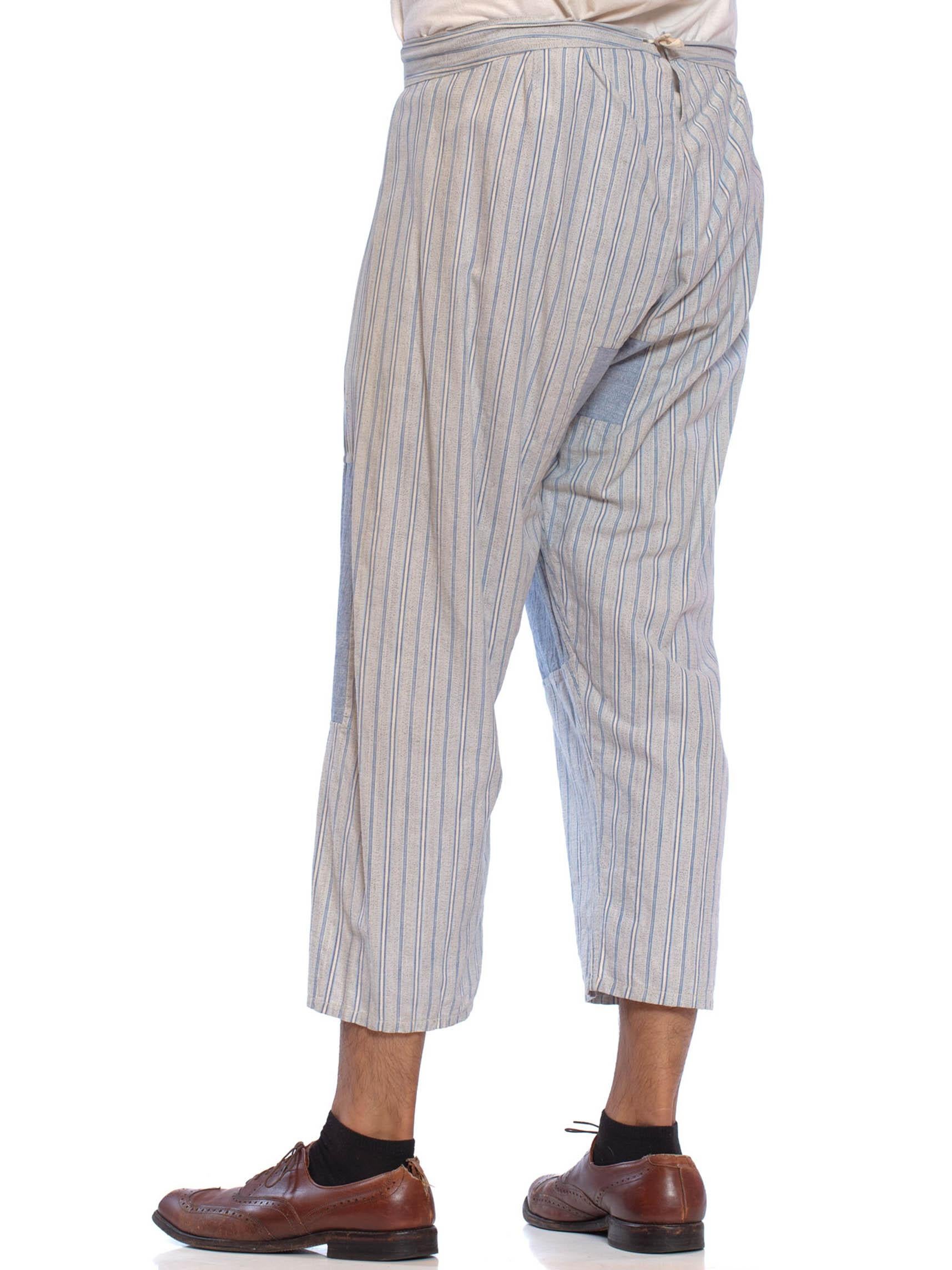 Victorian Blue & White Striped Organic Cotton Men's Patchwork Long Underwear Pa For Sale 1