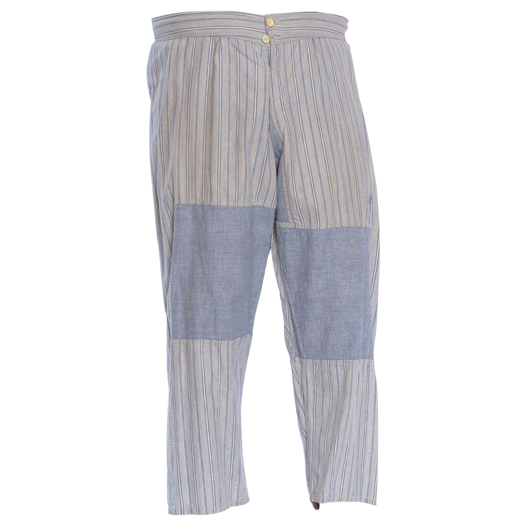Victorian Blue & White Striped Organic Cotton Men's Patchwork Long Underwear Pa For Sale