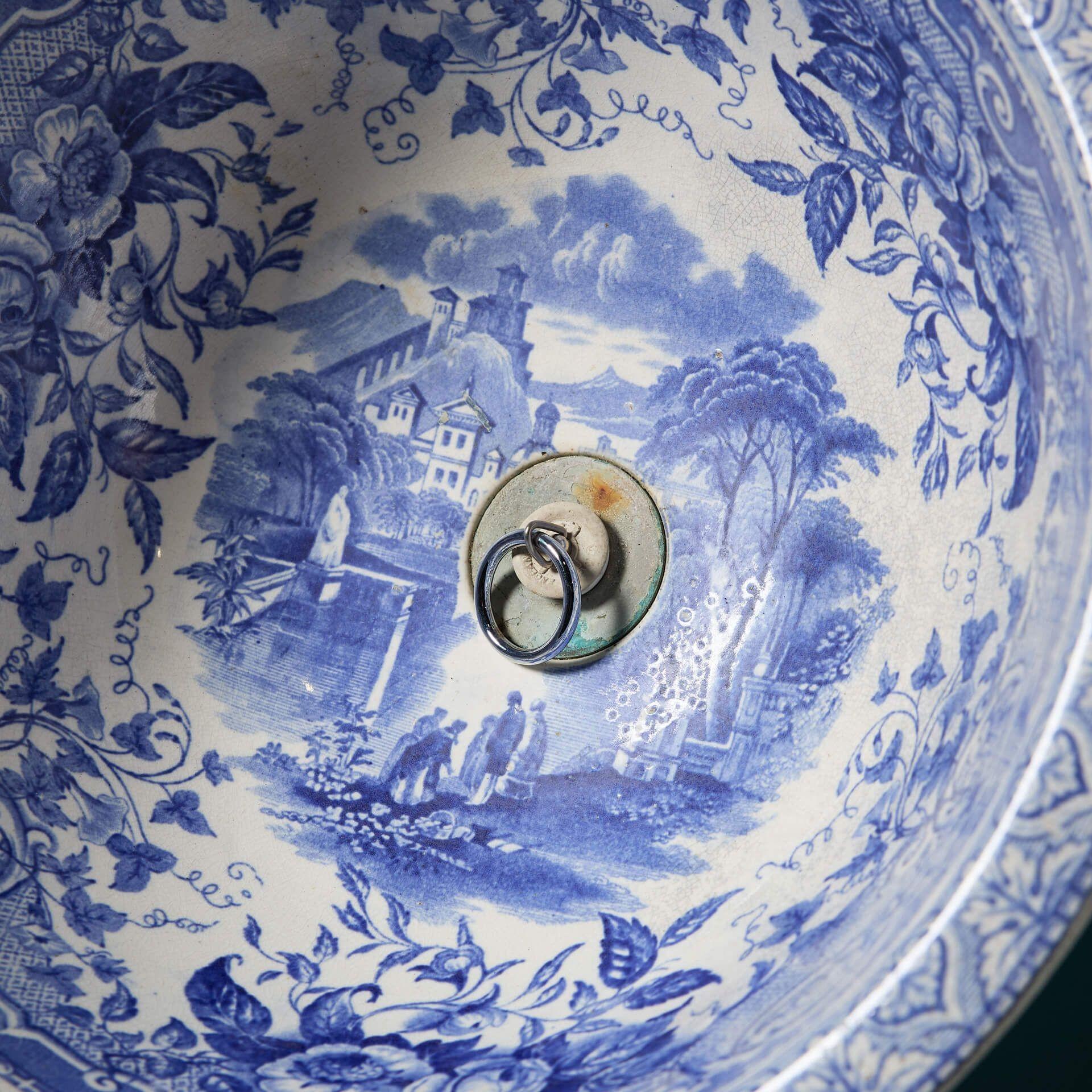 English Victorian Blue & White Transfer Print Porcelain Bowl Sink For Sale