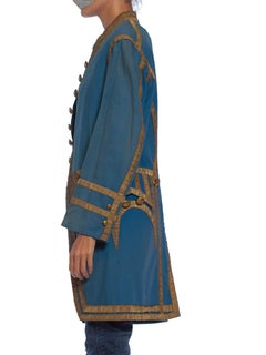 Victorian Blue  Wool Men's 18Th Century Style Frock Coat With Gold Metal Trim