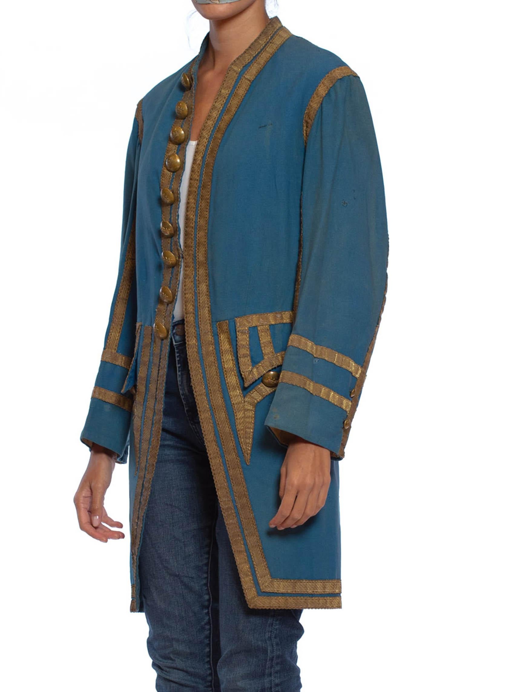 Black Victorian Blue  Wool Men's 18Th Century Style Frock Coat With Gold Metal Trim For Sale