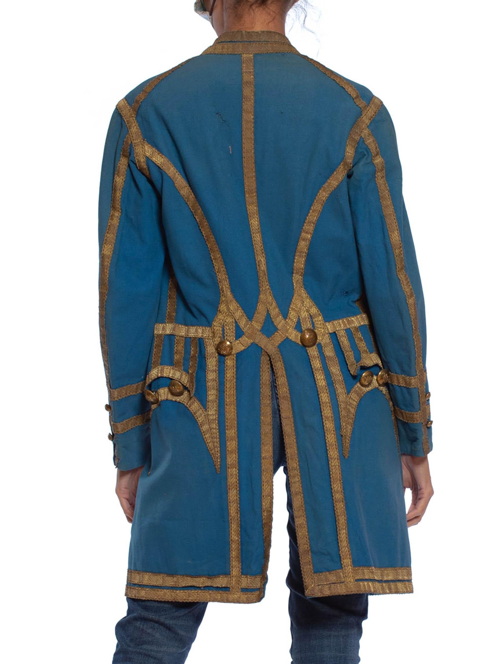Victorian Blue  Wool Men's 18Th Century Style Frock Coat With Gold Metal Trim In Excellent Condition For Sale In New York, NY