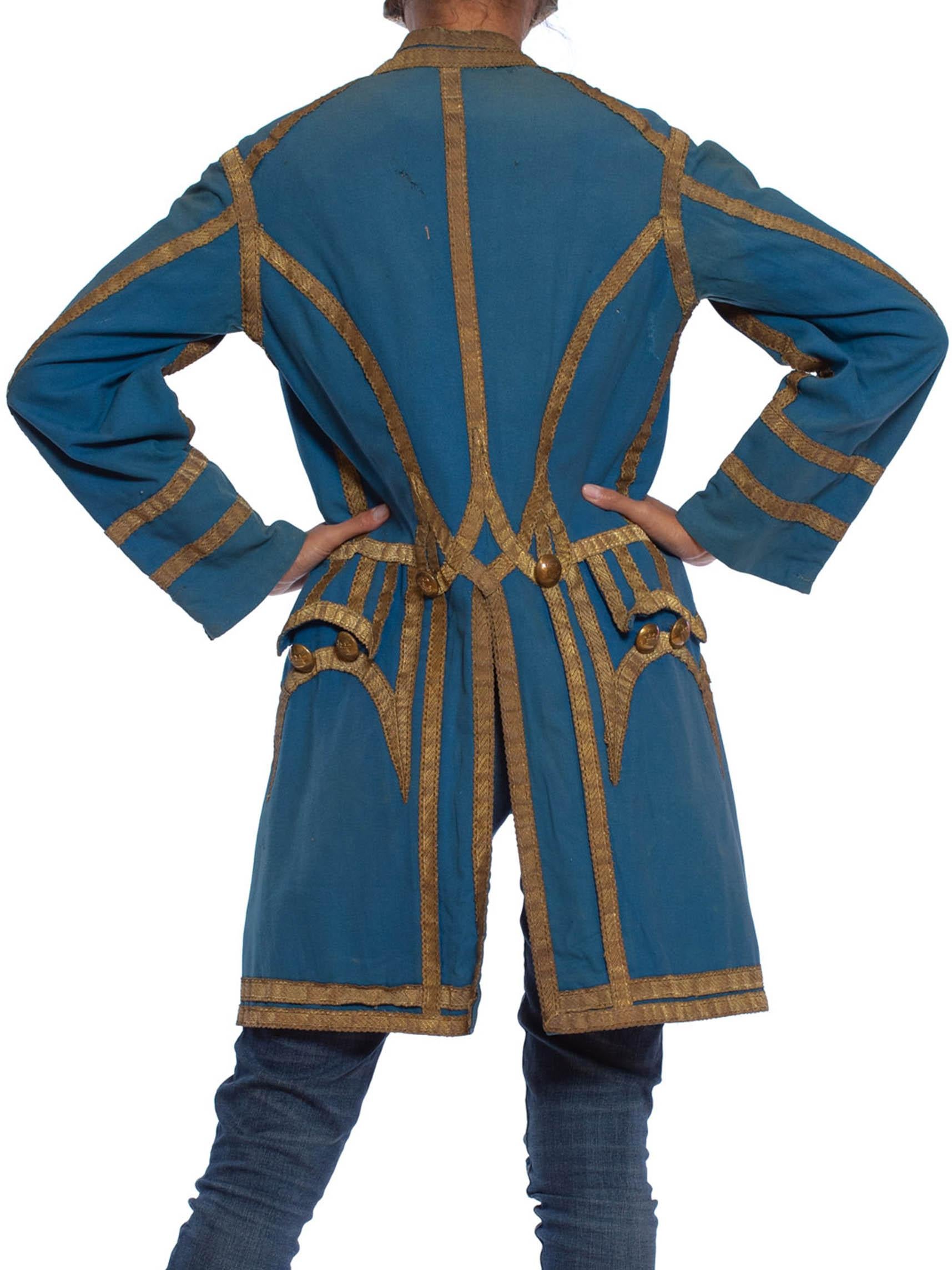 Women's Victorian Blue  Wool Men's 18Th Century Style Frock Coat With Gold Metal Trim For Sale