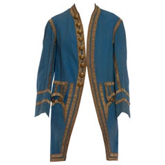 Victorian Blue  Wool Men's 18Th Century Style Frock Coat With Gold Metal Trim