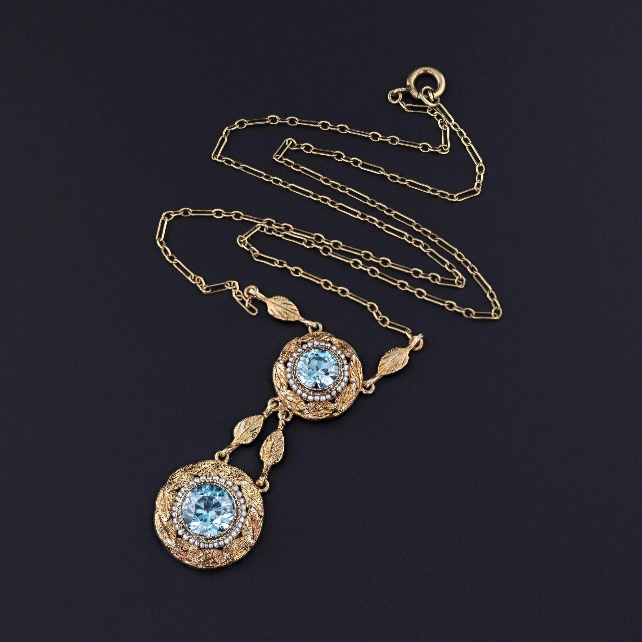 Vittoriano Collana vittoriana con zircone blu in oro 14k in vendita