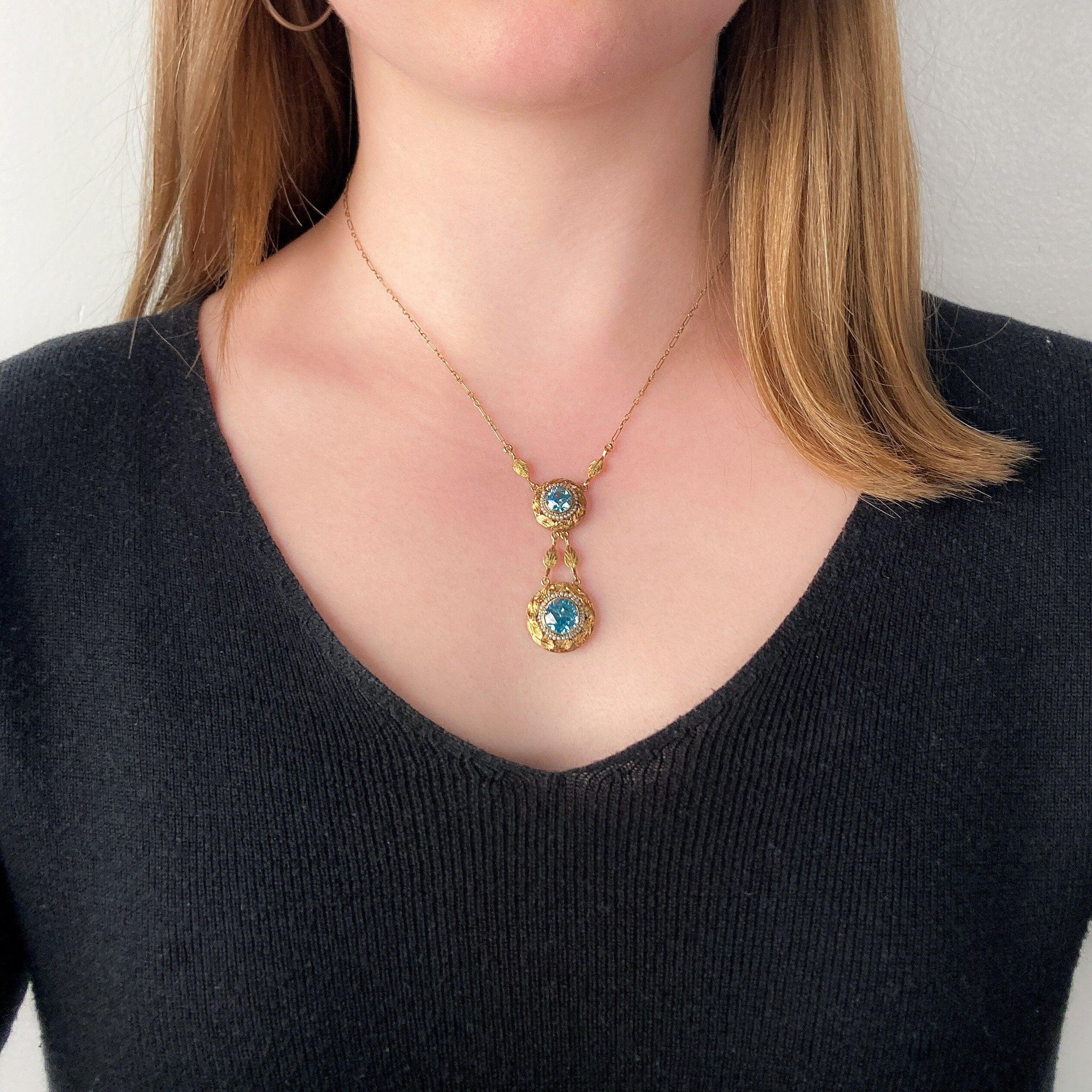 Taglio rotondo Collana vittoriana con zircone blu in oro 14k in vendita