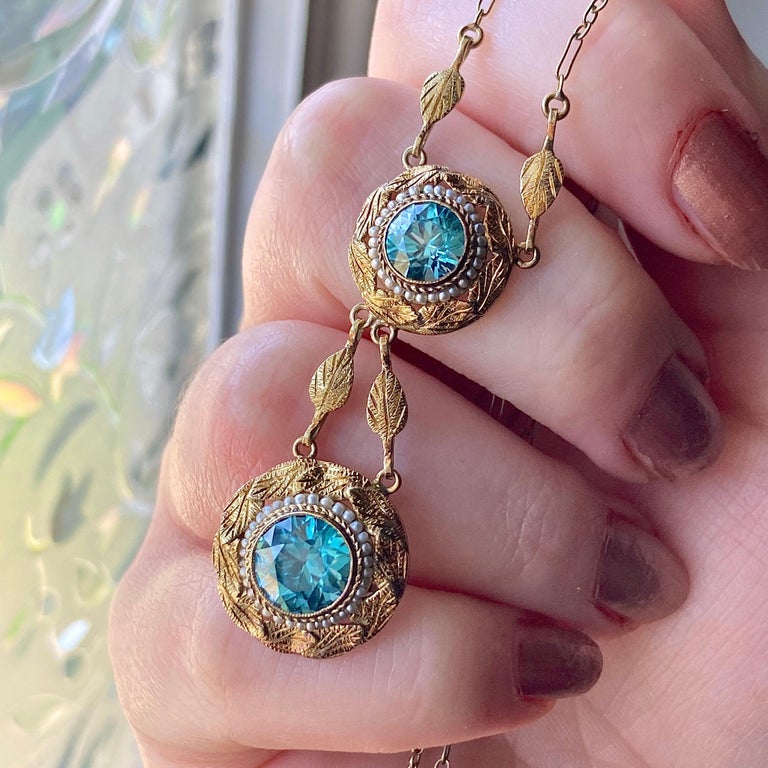Victorian Blue Zircon Necklace of 14k Gold For Sale at 1stDibs