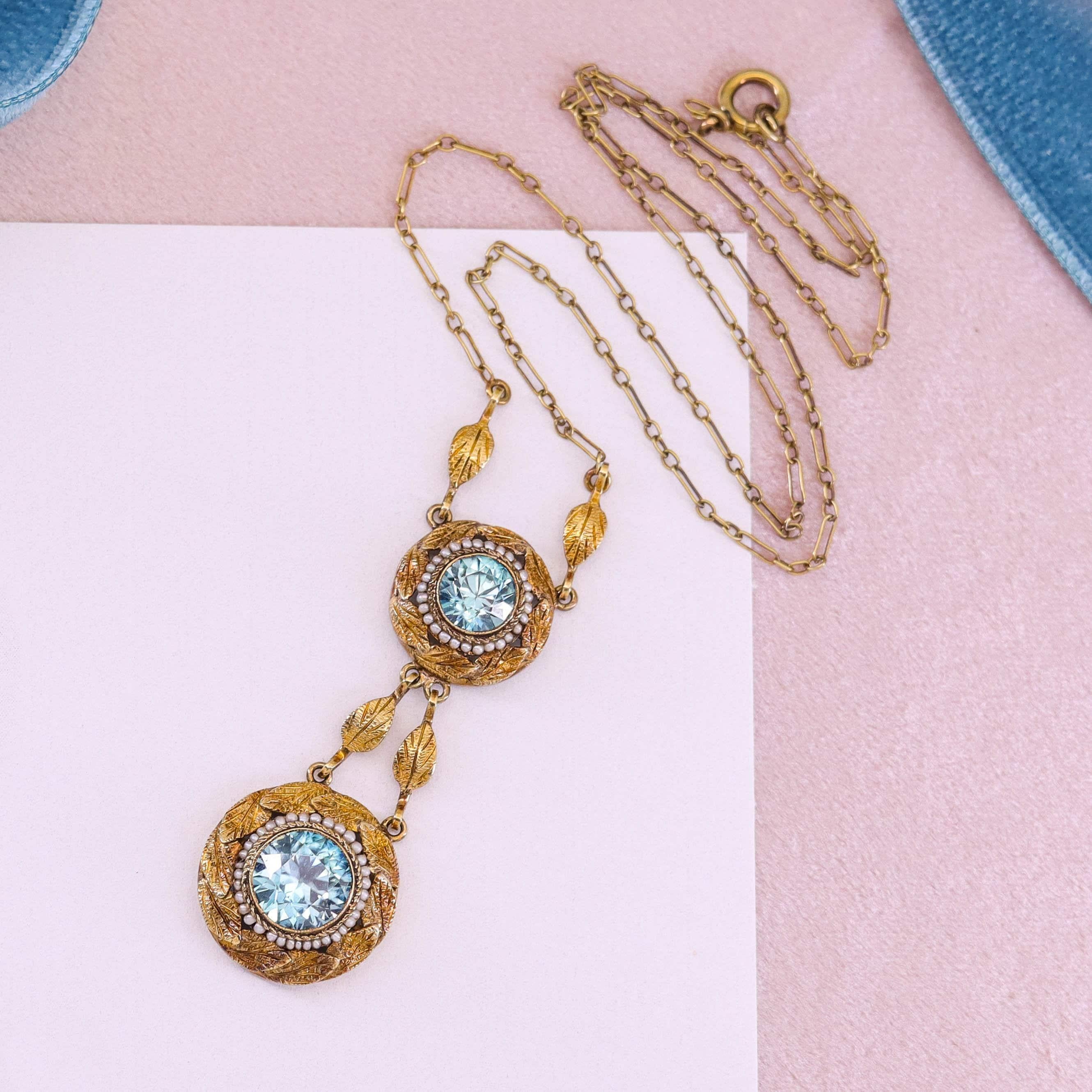 Collana vittoriana con zircone blu in oro 14k in vendita 1