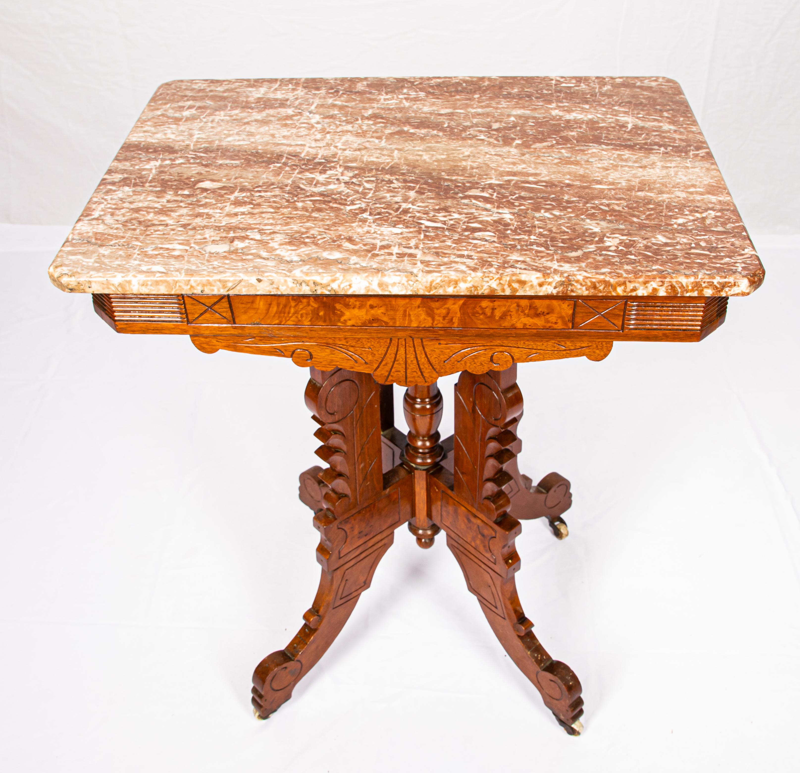 Hand-Crafted Victorian Blush Marble-Top Parlor Table For Sale