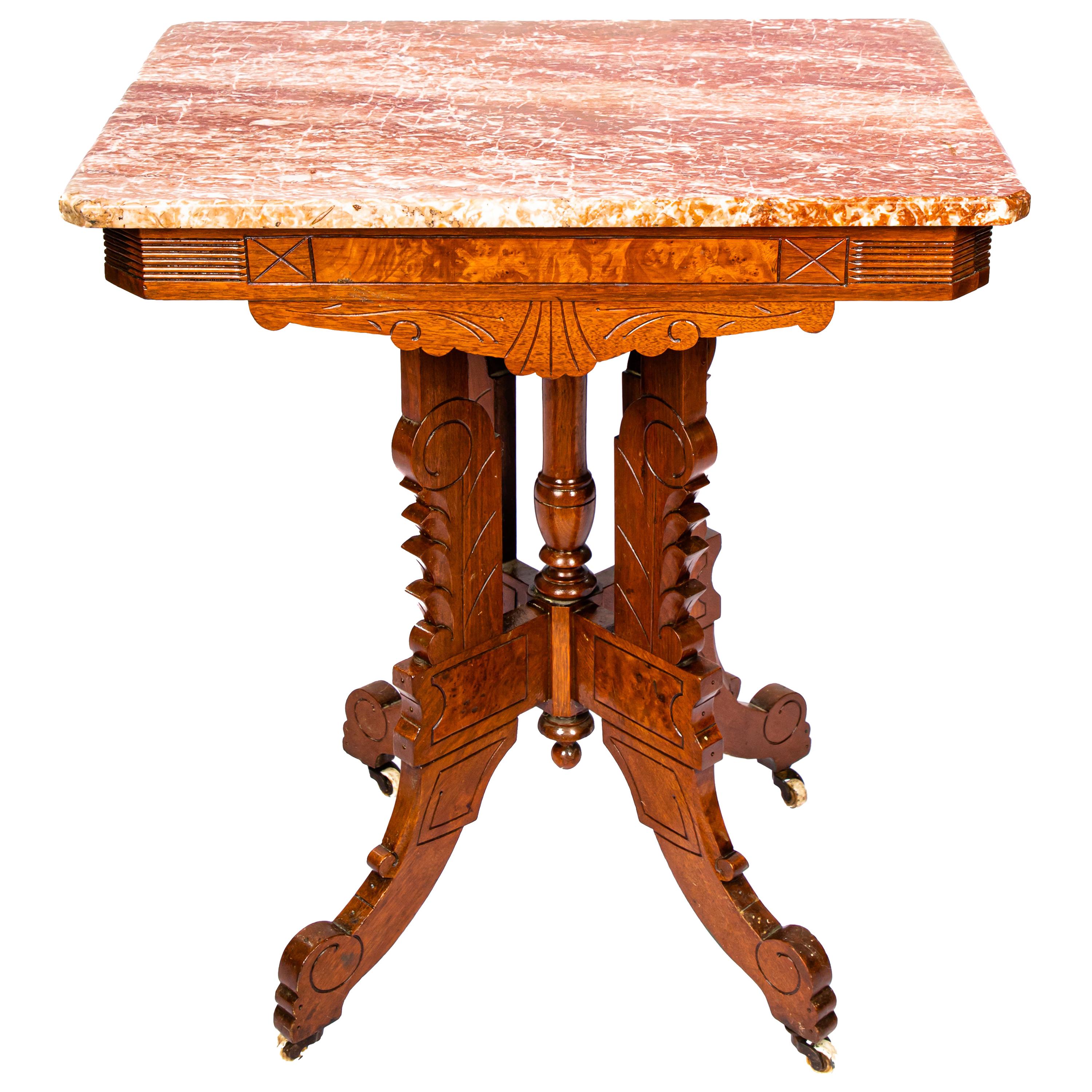 Victorian Blush Marble-Top Parlor Table For Sale