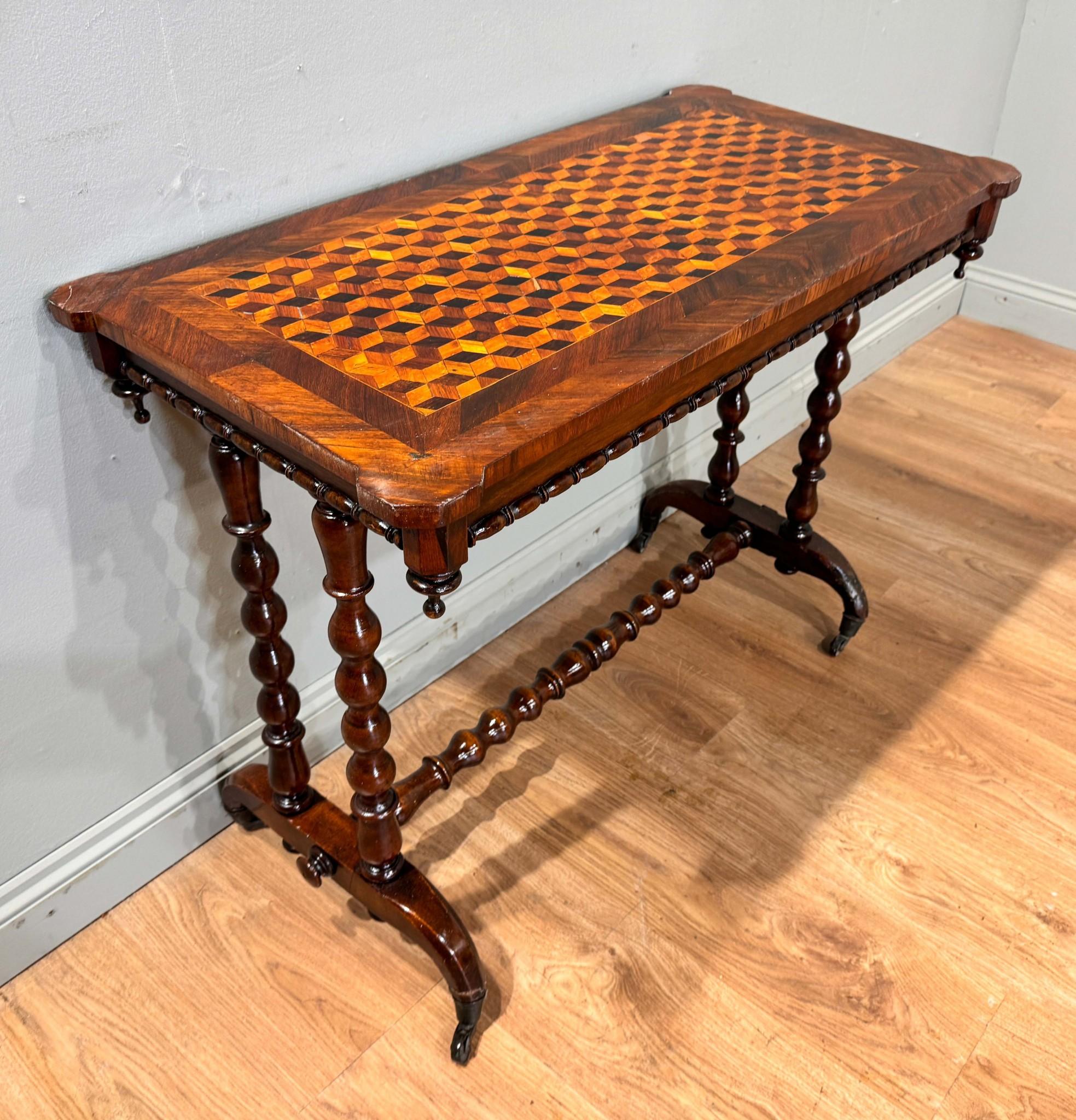 You are viewing a gorgeous Victorian bobbin side or stretcher table
Top features parquetry inlay work, very well executed
Legs and stretcher feature bobbin design
Circa 1890
Bought from a private residence in London's Chelsea
Offered in great shape