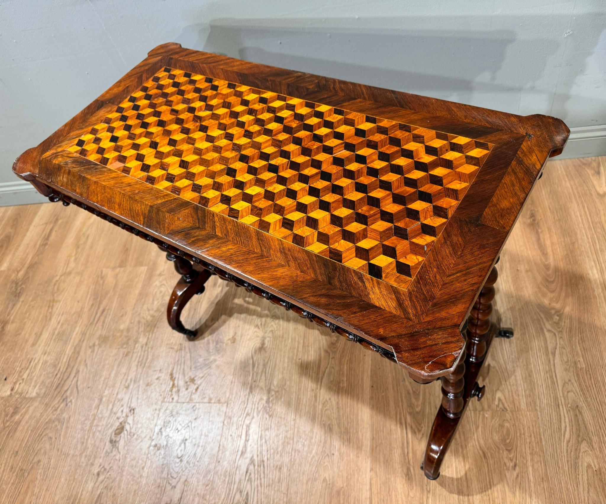 Wood Victorian Bobbin Stretcher Table Parquetry Inlay 1890 For Sale