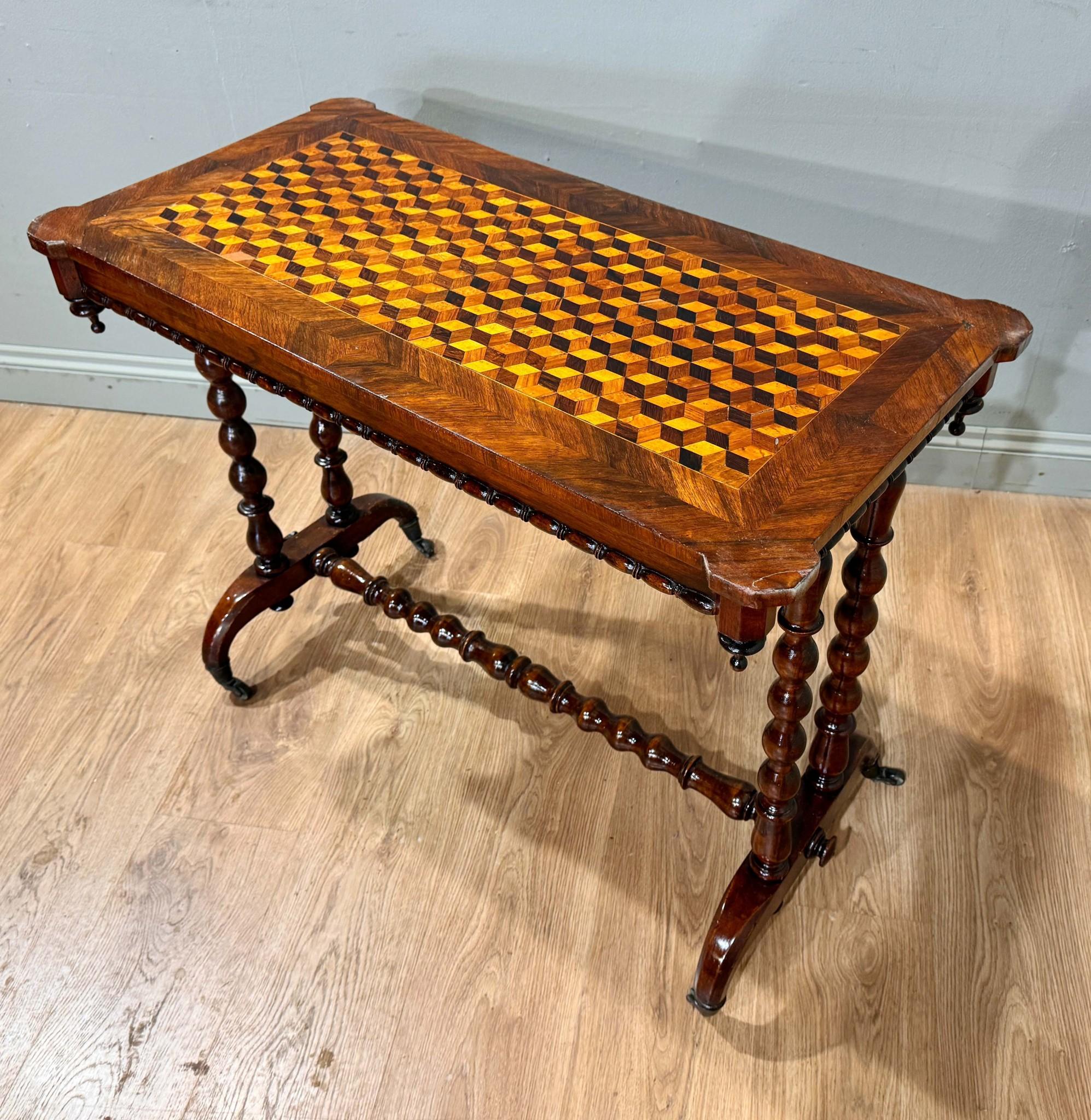 Victorian Bobbin Stretcher Table Parquetry Inlay 1890 For Sale 3