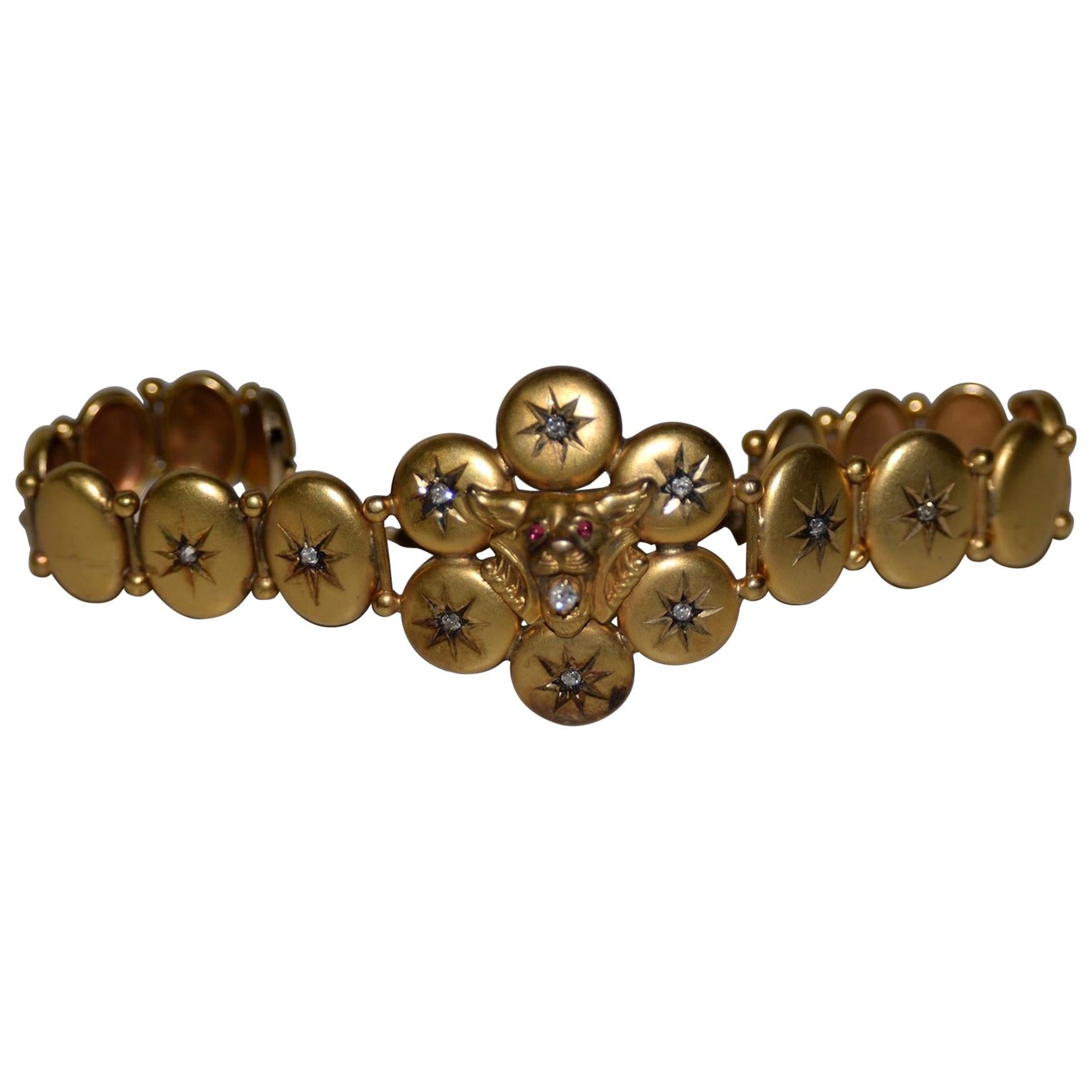 Victorian "Bobcat" 14-Karat Yellow Gold and Diamonds Bracelet, circa 1900