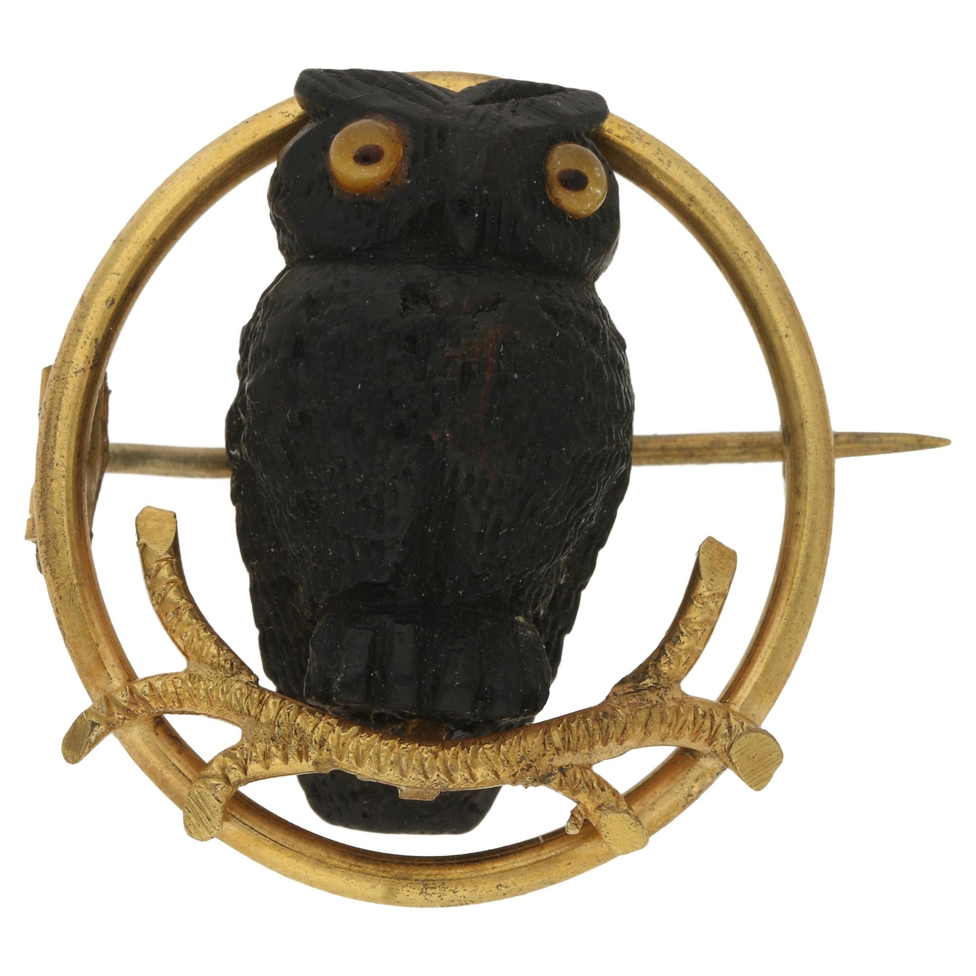Victorian Bog Oak Gold Owl Brooch