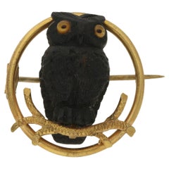 Antique Victorian Bog Oak Gold Owl Brooch