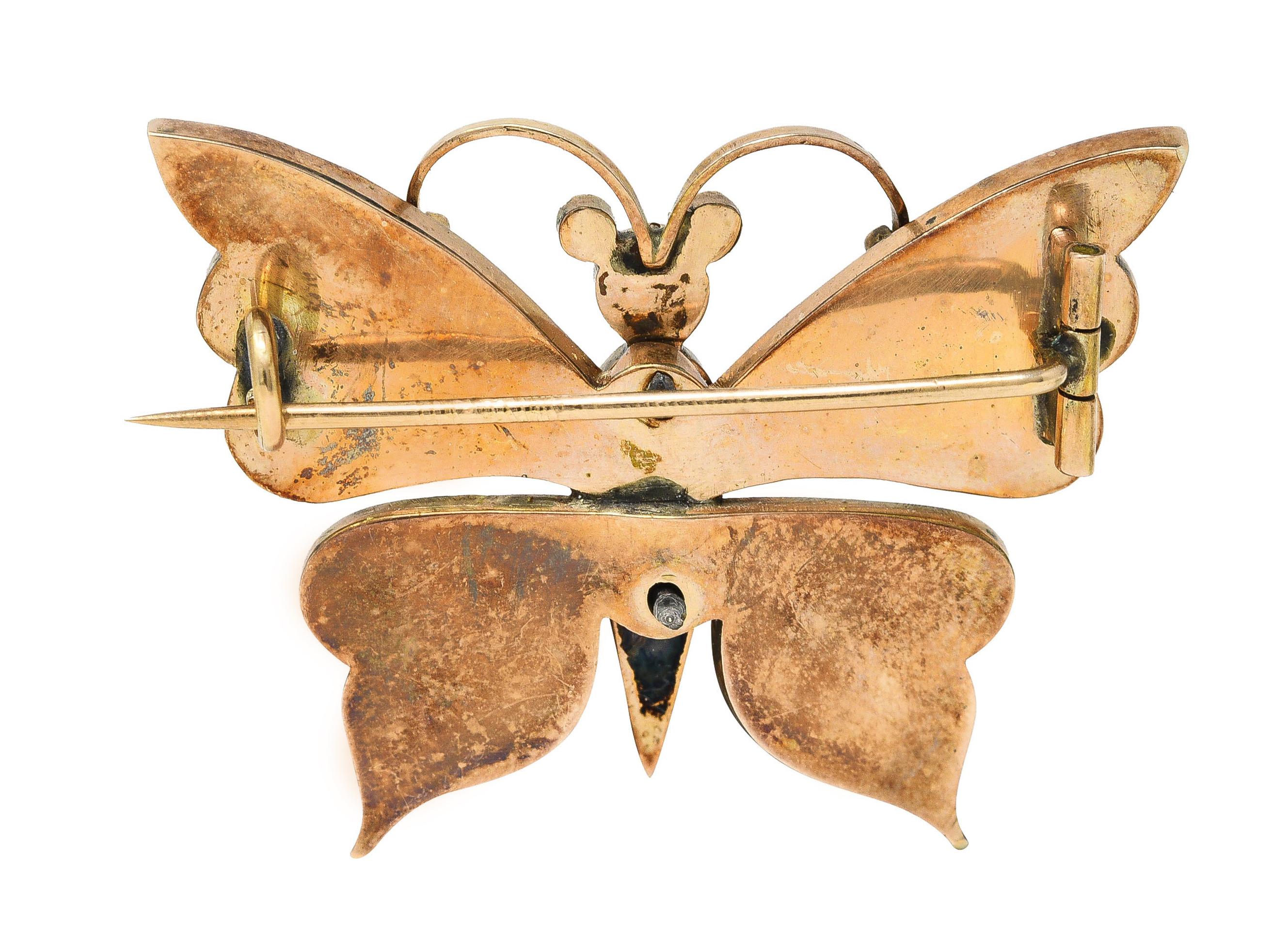 Round Cut Victorian Bohemian Garnet 14 Karat Yellow Gold Antique Butterfly Brooch