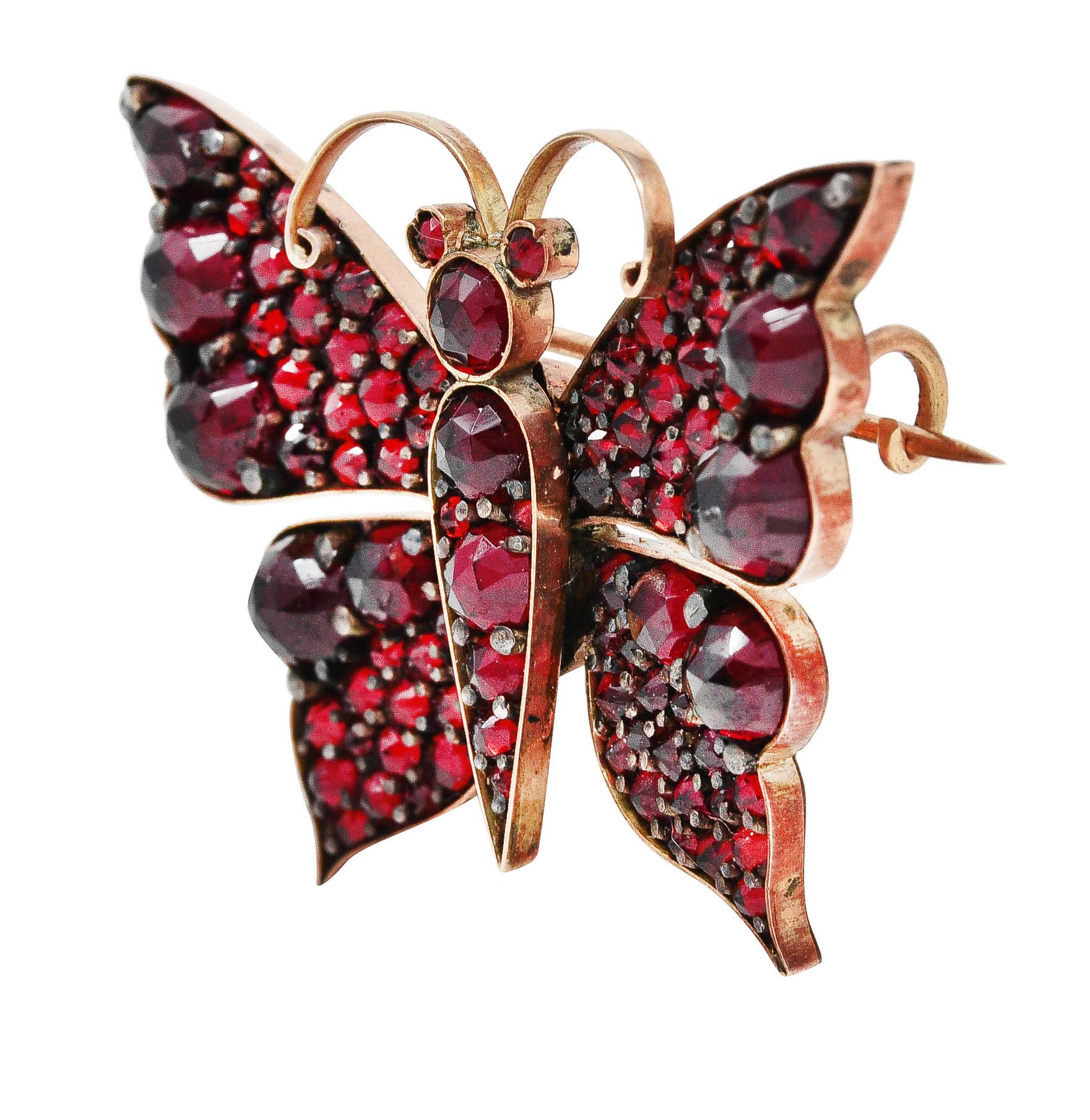 Victorian Bohemian Garnet 14 Karat Yellow Gold Antique Butterfly Brooch In Excellent Condition In Philadelphia, PA