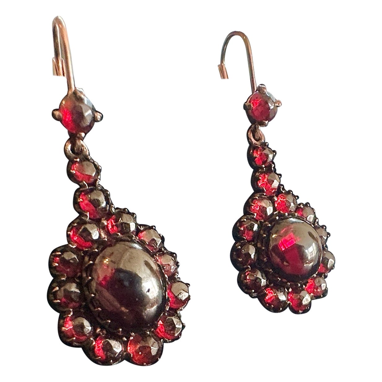 Victorian Bohemian Garnet Dangle Drop Earrings Gold Circa 1880 Rare 1.6 Inches