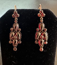 Victorian Bohemian Garnet Dangle Drop Earrings Gold Circa 1880 Rare 2 Inches