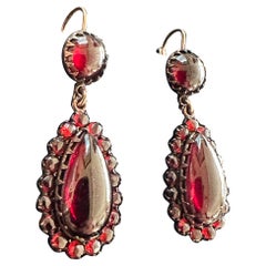 Antique Victorian Bohemian Garnet Dangle Drop Earrings Gold Circa 1880 Rare 2 Inches