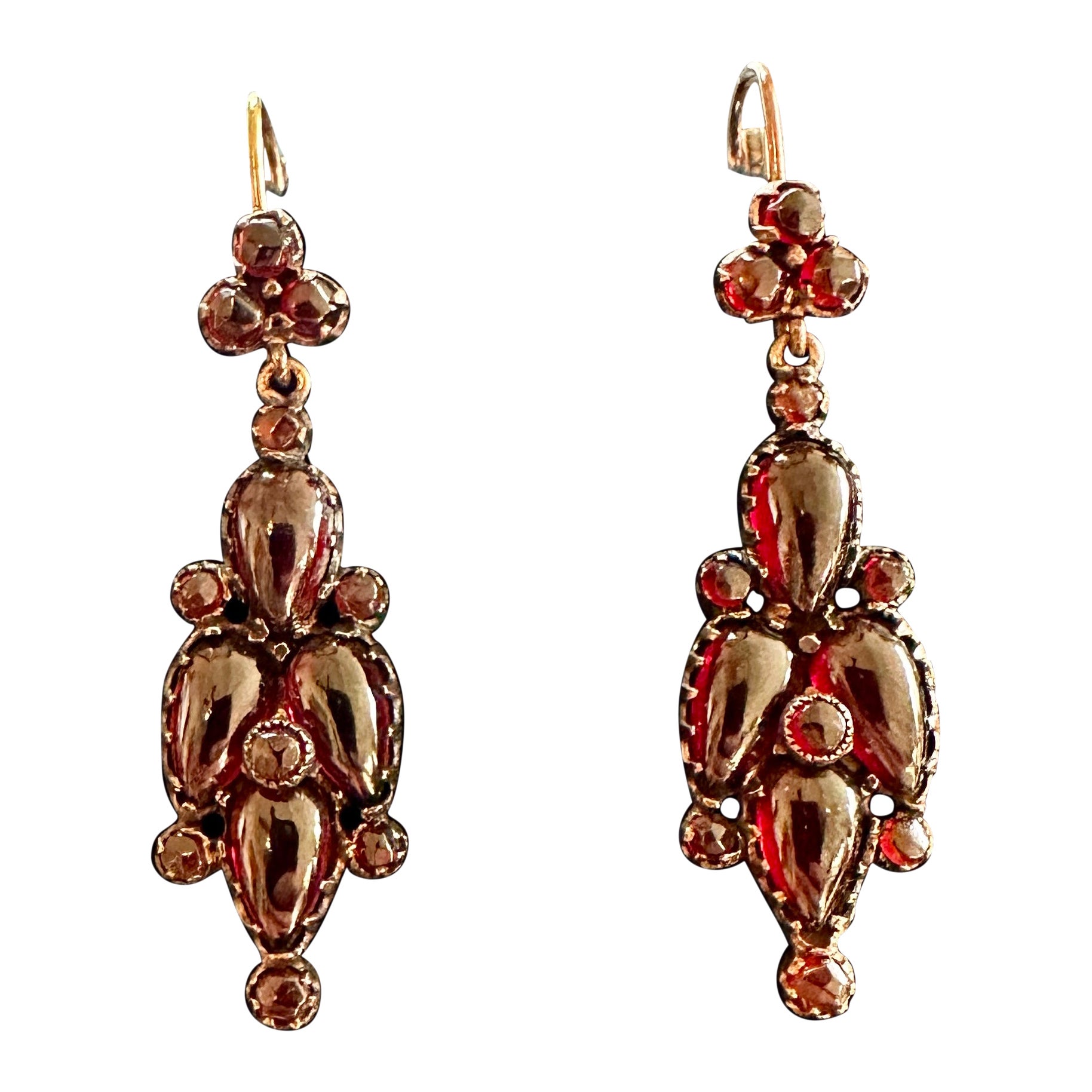 Victorian Bohemian Garnet Dangle Drop Earrings Gold Circa 1880 Rare 2 Inches