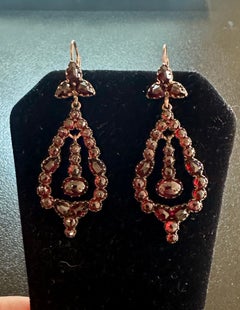 Victorian Bohemian Garnet Dangle Drop Earrings Gold Circa 1880 Rare 2.25 Inches
