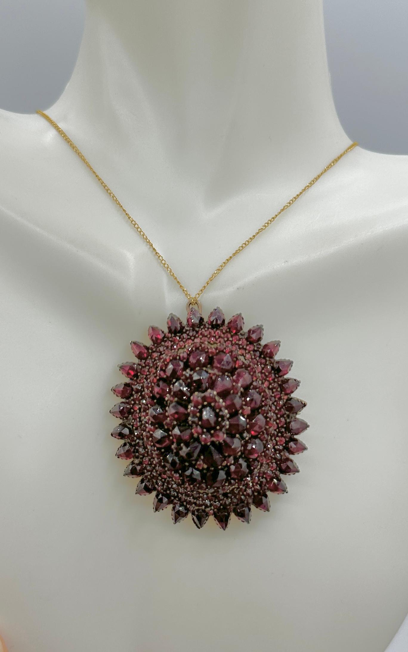 Belle Époque Victorian Bohemian Garnet Locket Pendant Necklace and Brooch Belle Epoque For Sale