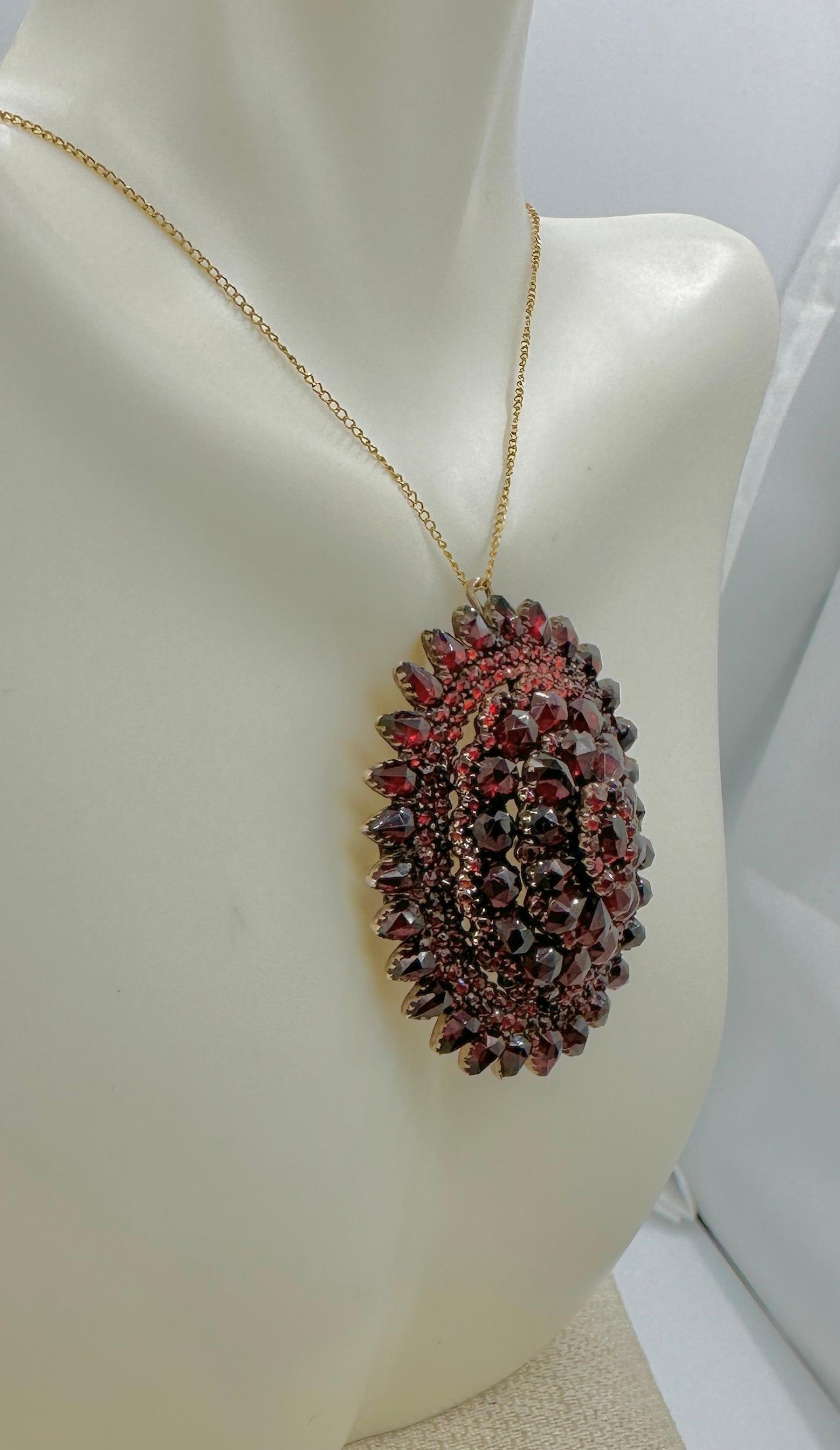 Women's or Men's Victorian Bohemian Garnet Locket Pendant Necklace and Brooch Belle Epoque For Sale
