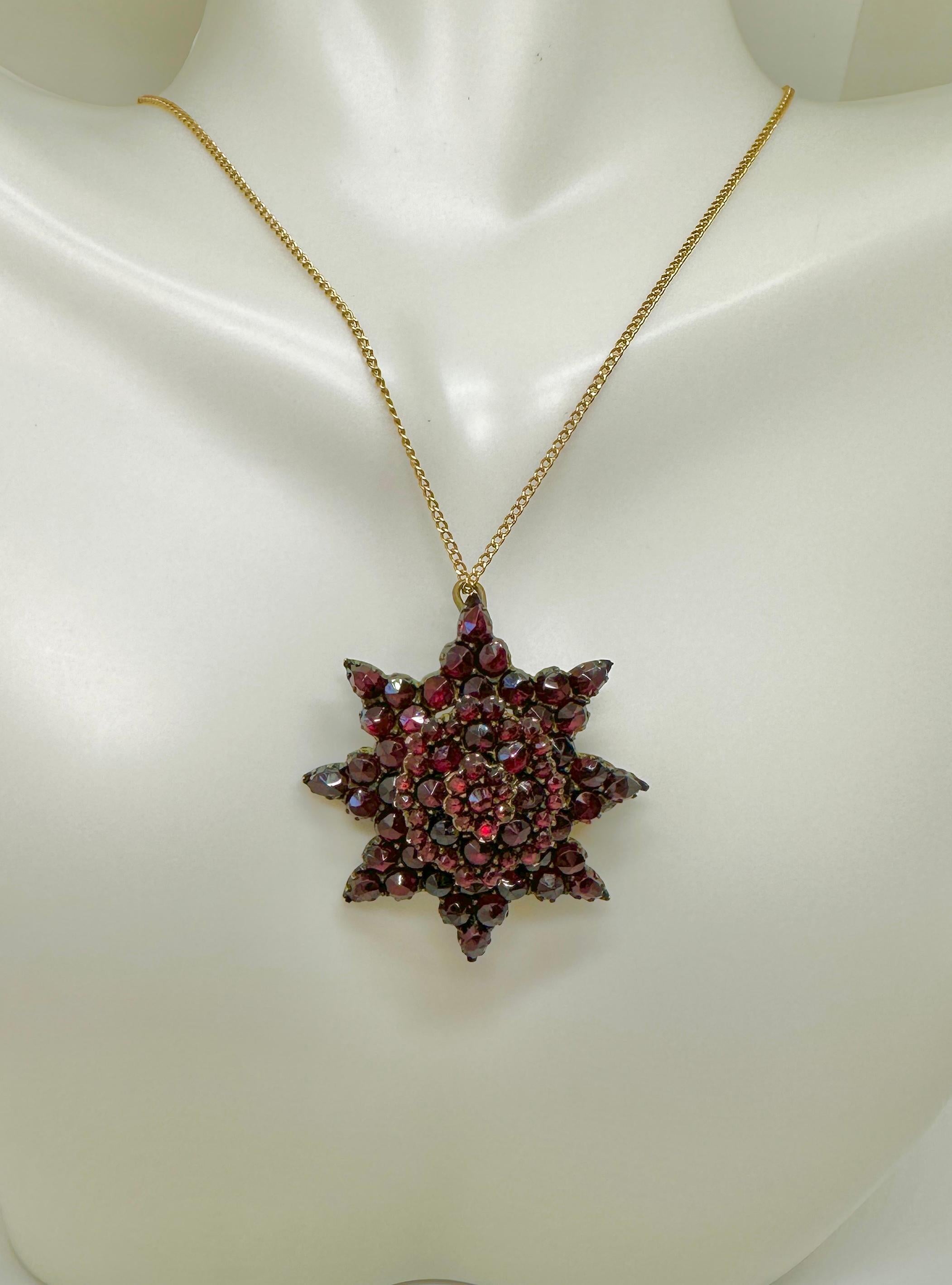 Belle Époque Victorian Bohemian Garnet Locket Pendant Necklace and Brooch Star Belle Epoque For Sale