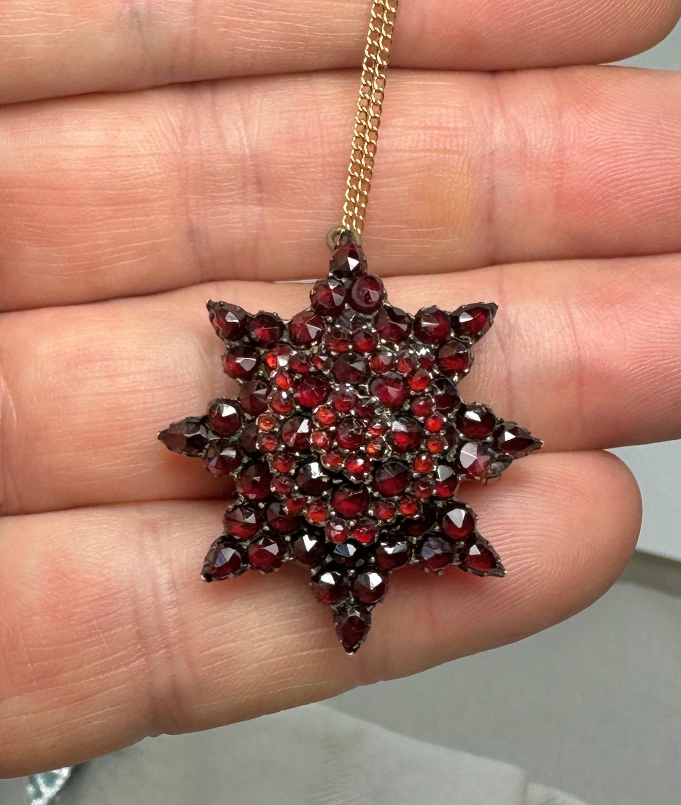 Victorian Bohemian Garnet Locket Pendant Necklace and Brooch Star Belle Epoque In Excellent Condition For Sale In New York, NY