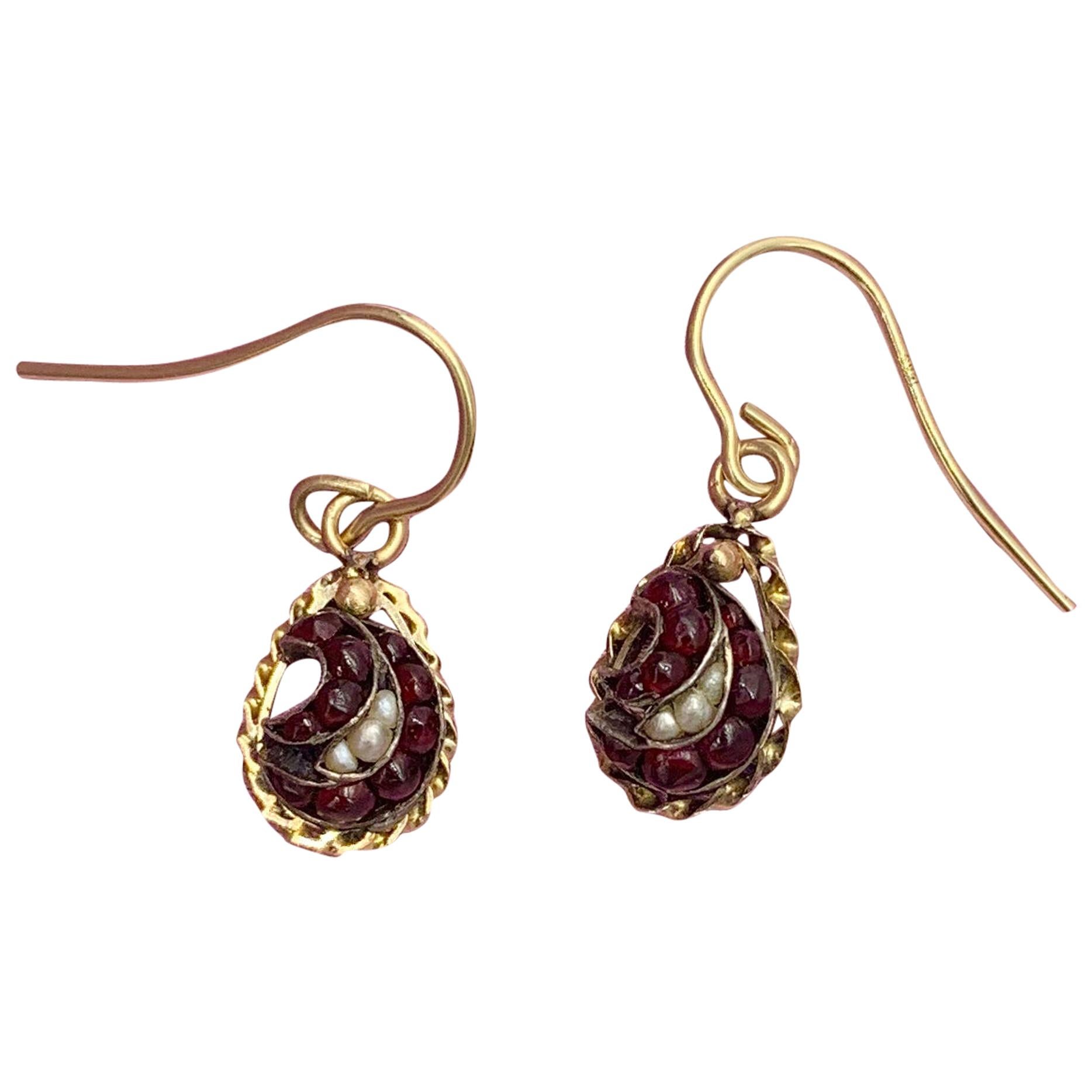 Victorian Bohemian Garnet Pearl Dangle Drop Earrings Gold For Sale