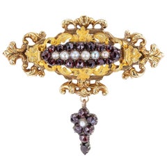 Antique Victorian Bohemian Garnet Pearl Gold Silver Brooch