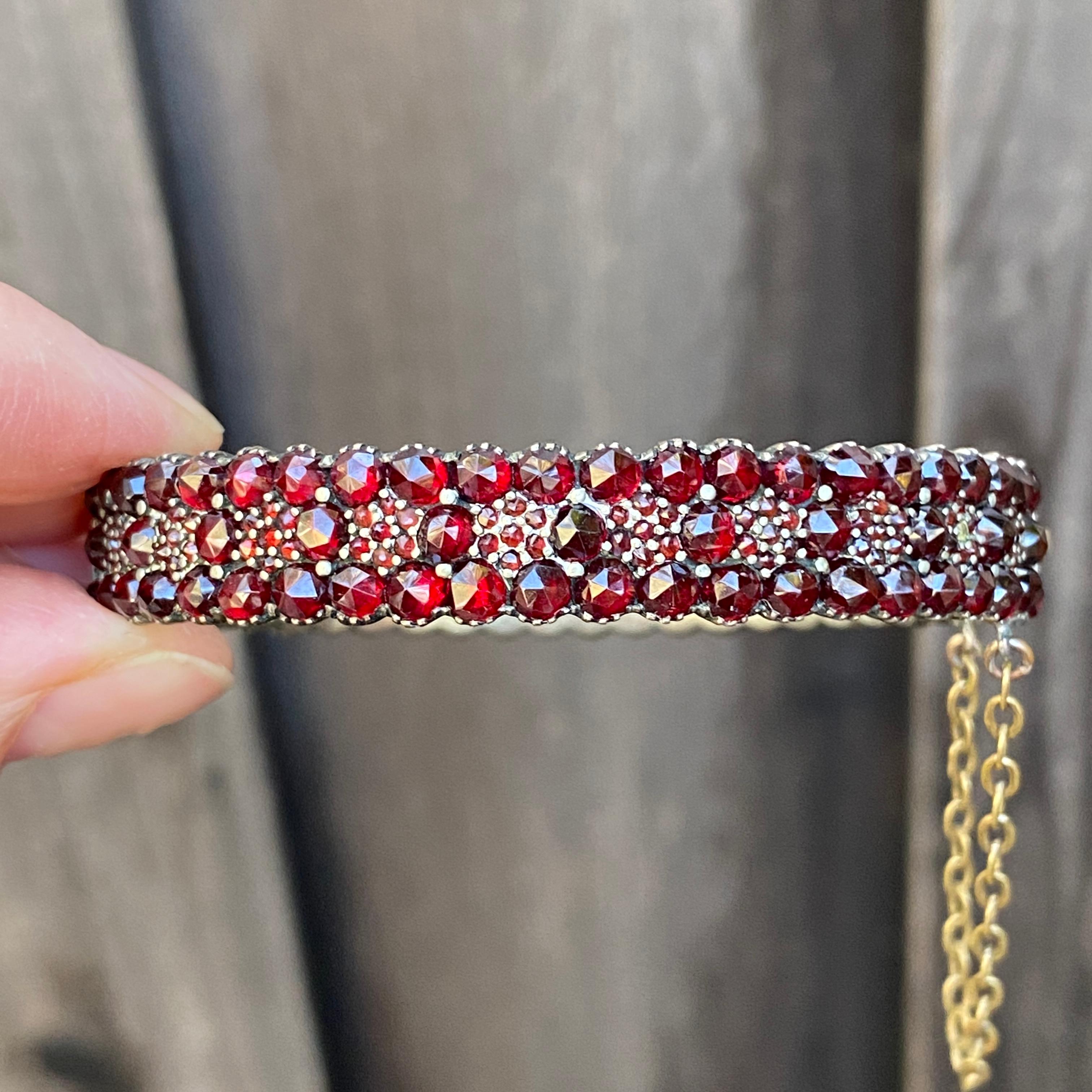 Women's Victorian Bohemian Garnet Silver Bangle Bracelet For Sale