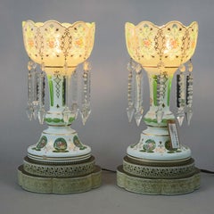 Victorian Bohemian Hand Painted Cut Overlay and Crystal Mantel Luster Lamps