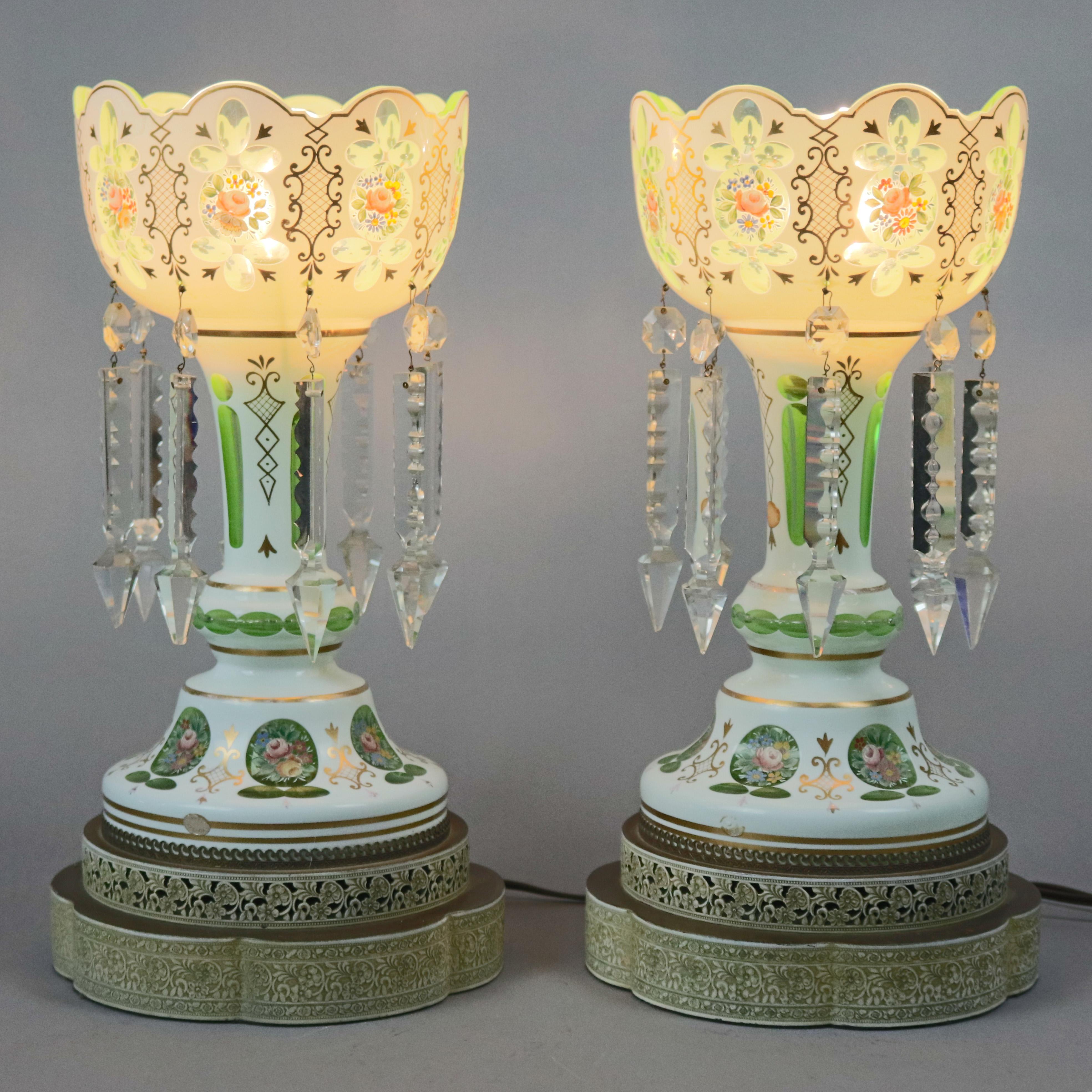 Hand-Painted Victorian Bohemian Hand Painted Cut Overlay and Crystal Mantel Luster Lamps