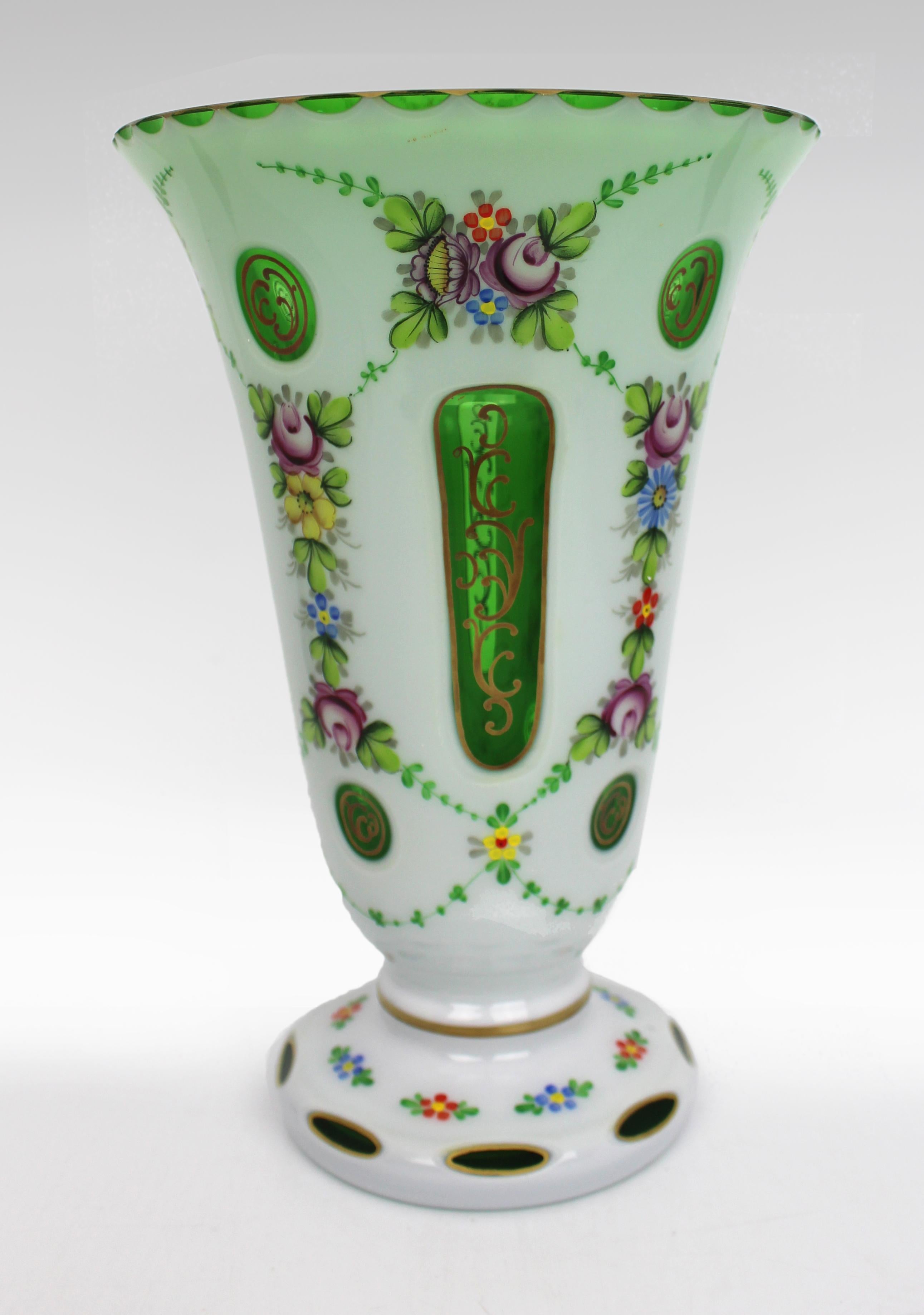Victorian Bohemian Hand Painted Overlay Glass Vase


Measures: Width: 15.5 cm. 

Height: 23.5 cm. 

Excellent condition; no chips, cracks or repairs.