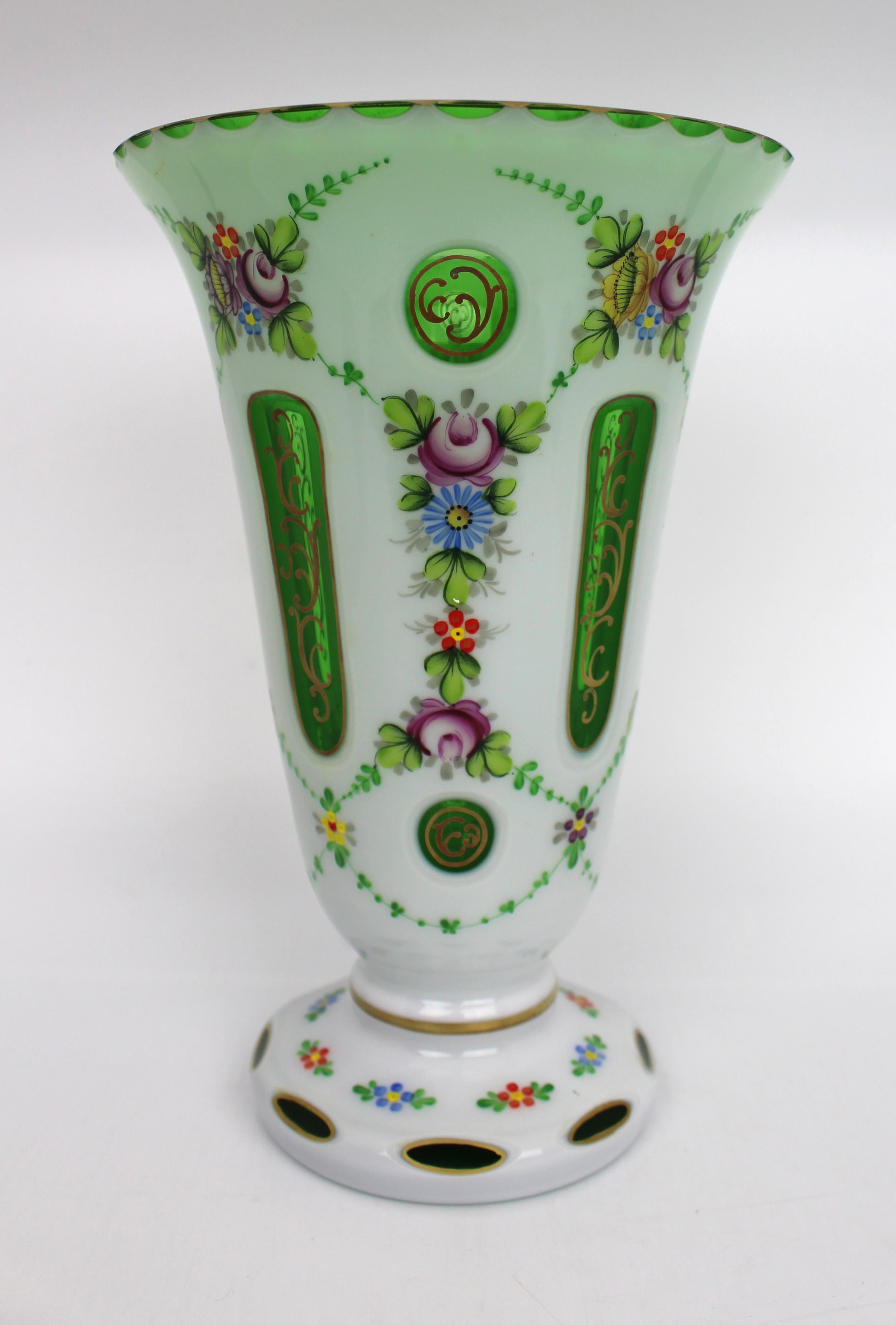 European Victorian Bohemian Hand Painted Overlay Glass Vase For Sale