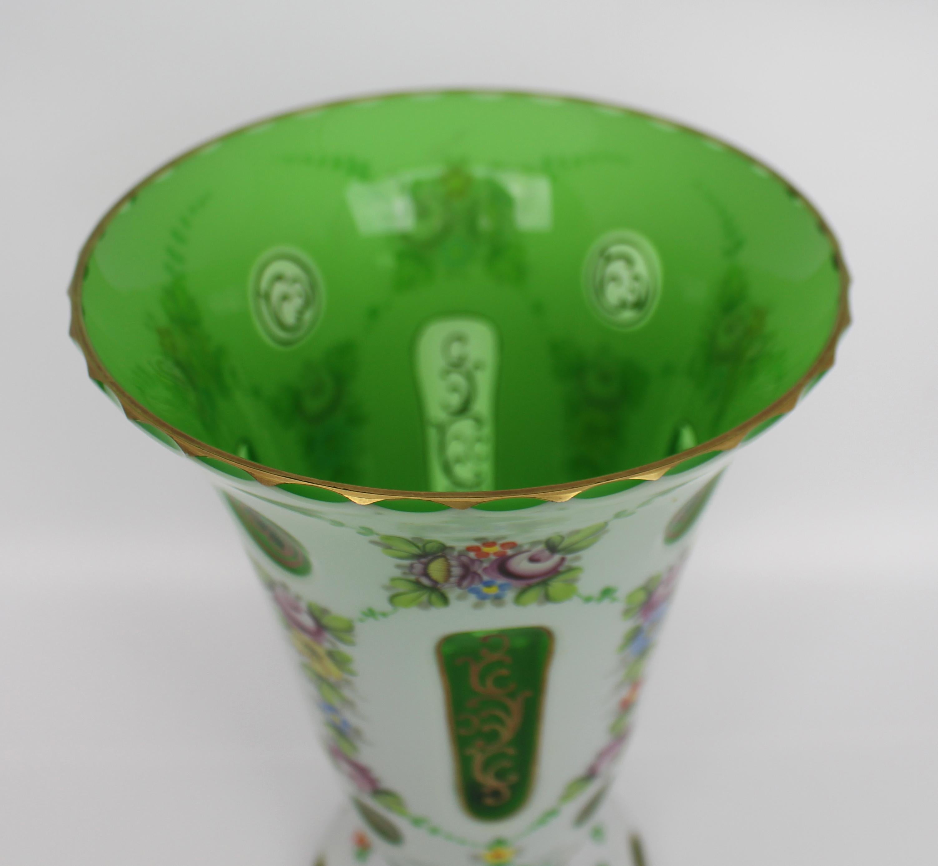 Hand-Painted Victorian Bohemian Hand Painted Overlay Glass Vase For Sale