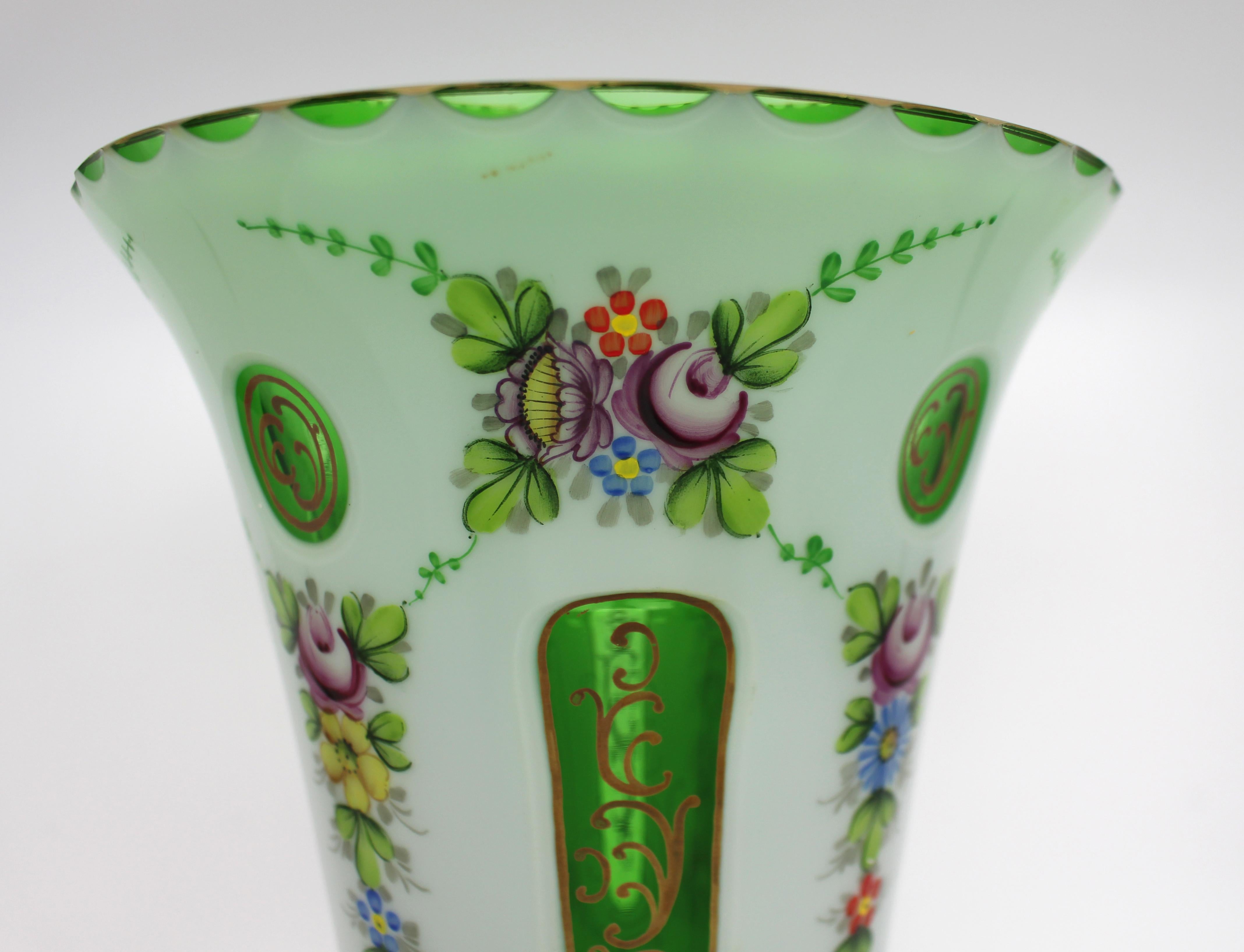 Victorian Bohemian Hand Painted Overlay Glass Vase In Good Condition For Sale In Worcester, GB