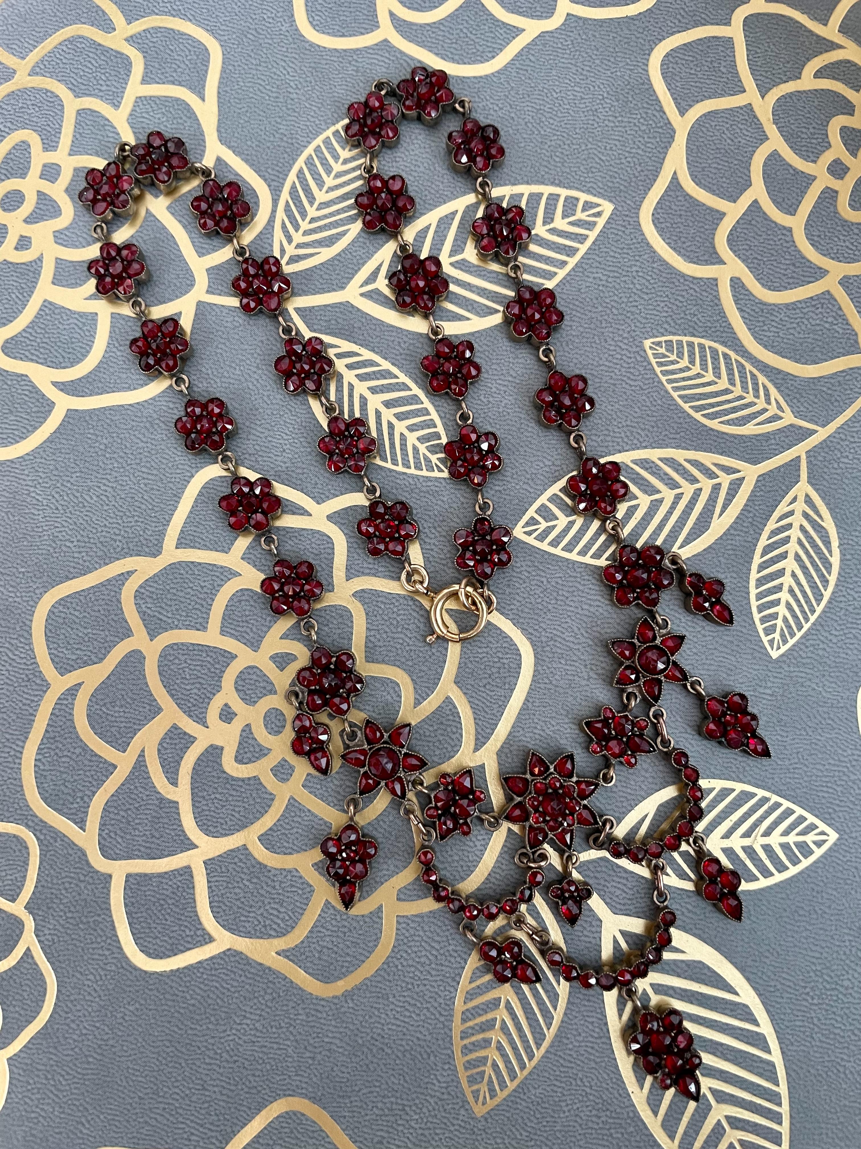 Victorian Bohemian Rose Cut Garnet Cluster Gold Filled Necklace 5