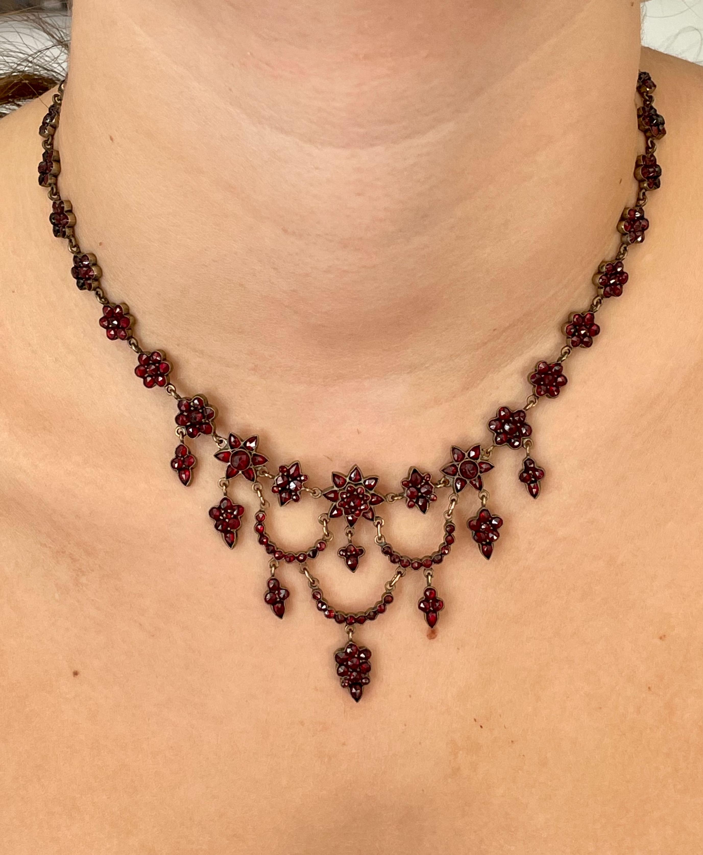 Victorian Bohemian Rose Cut Garnet Cluster Gold Filled Necklace 6