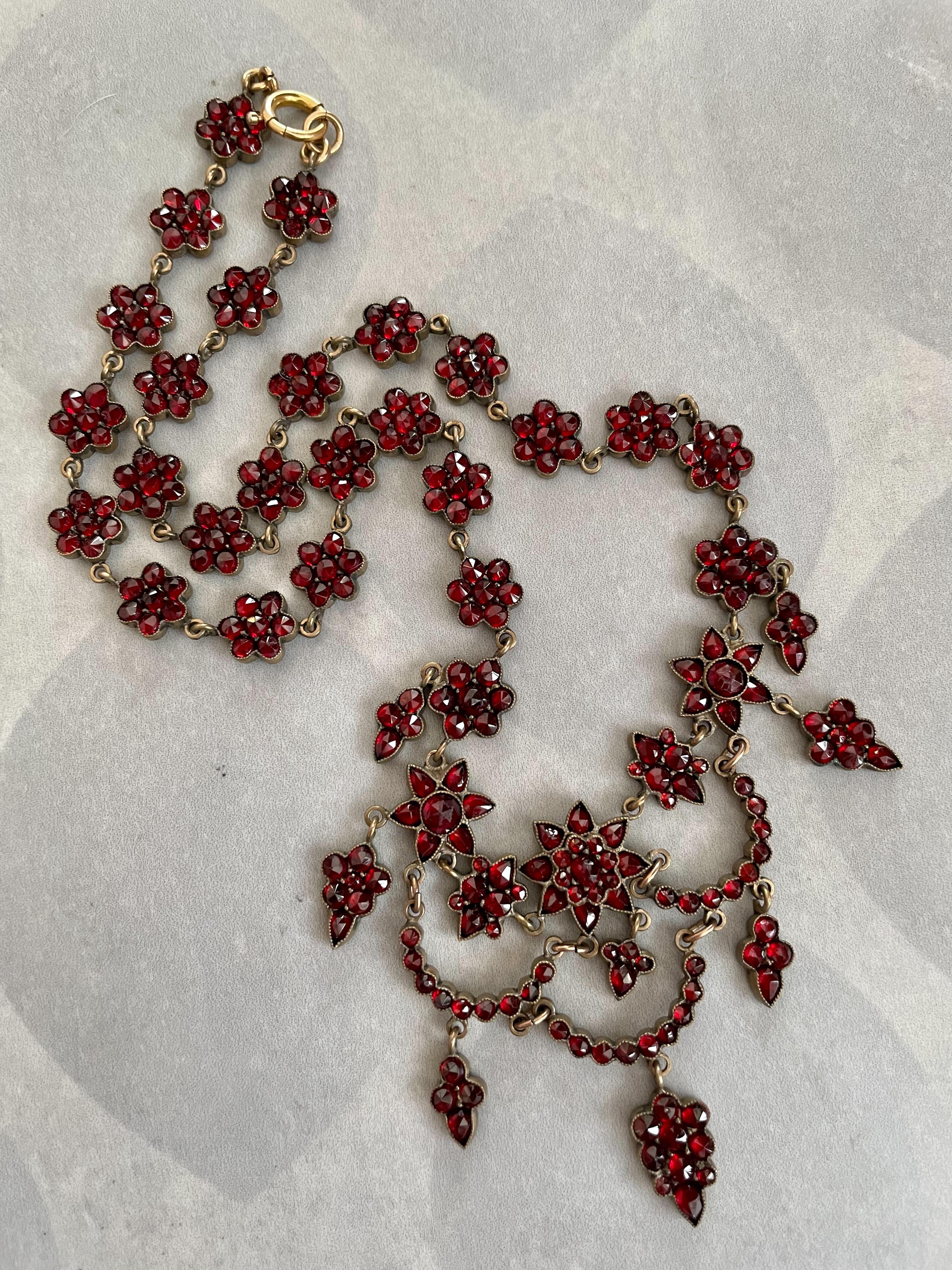 Victorian Bohemian Rose Cut Garnet Cluster Gold Filled Necklace 1