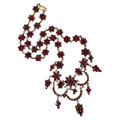 Vintage Victorian Bohemian Rose Cut Garnet Cluster Gold Filled Necklace